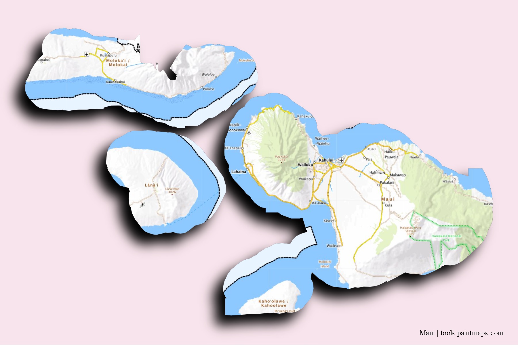 3D gölge efektli Maui ilçesi mahalleleri ve köyleri haritası