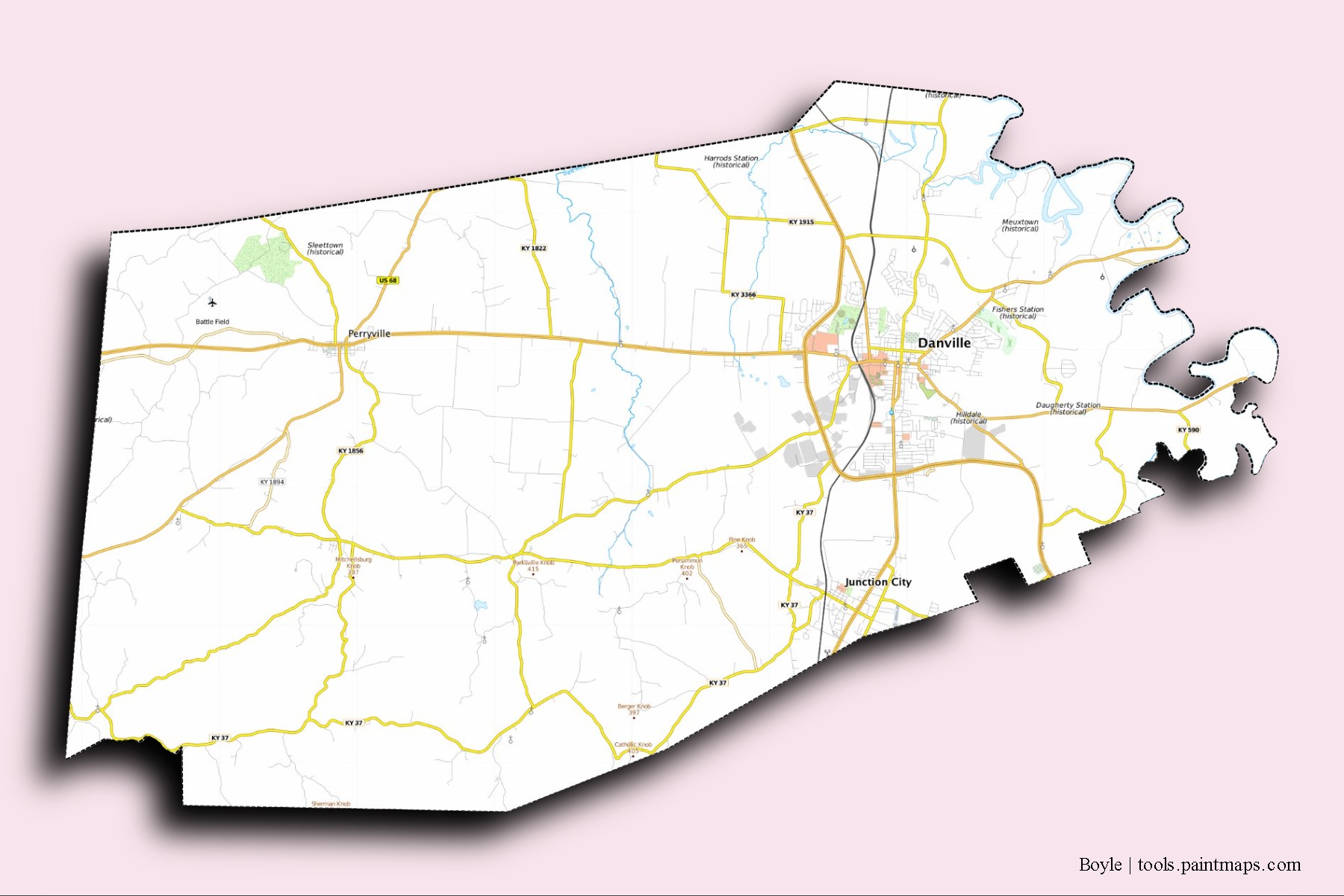 Boyle neighborhoods and villages map with 3D shadow effect