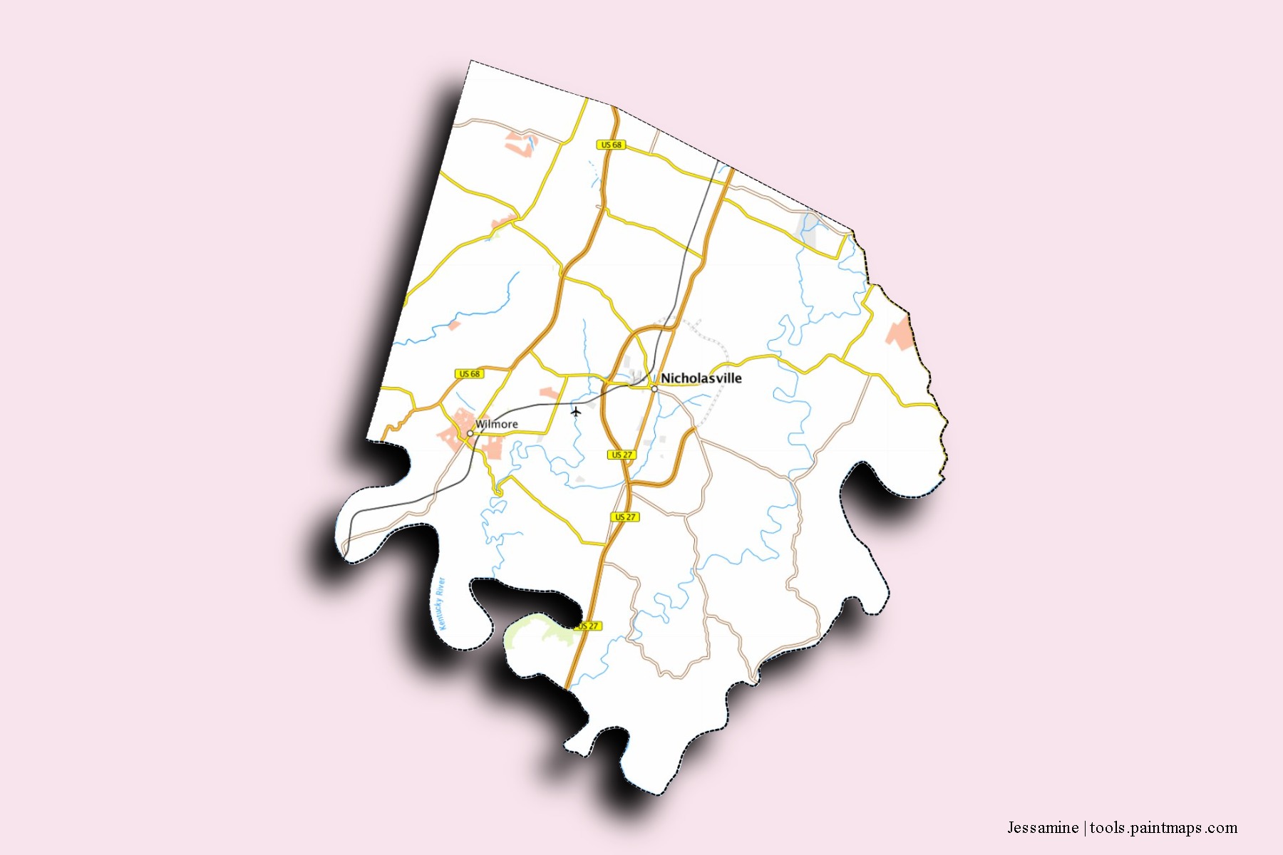 Mapa de barrios y pueblos de Jessamine con efecto de sombra 3D