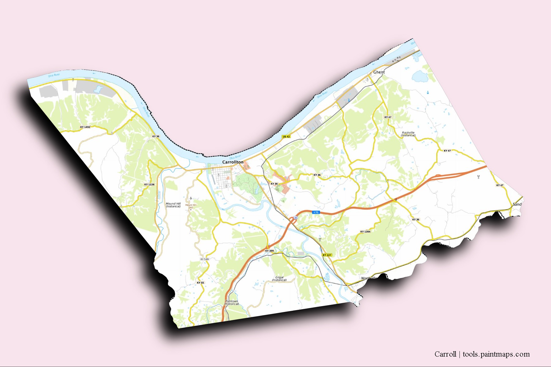 Carroll neighborhoods and villages map with 3D shadow effect