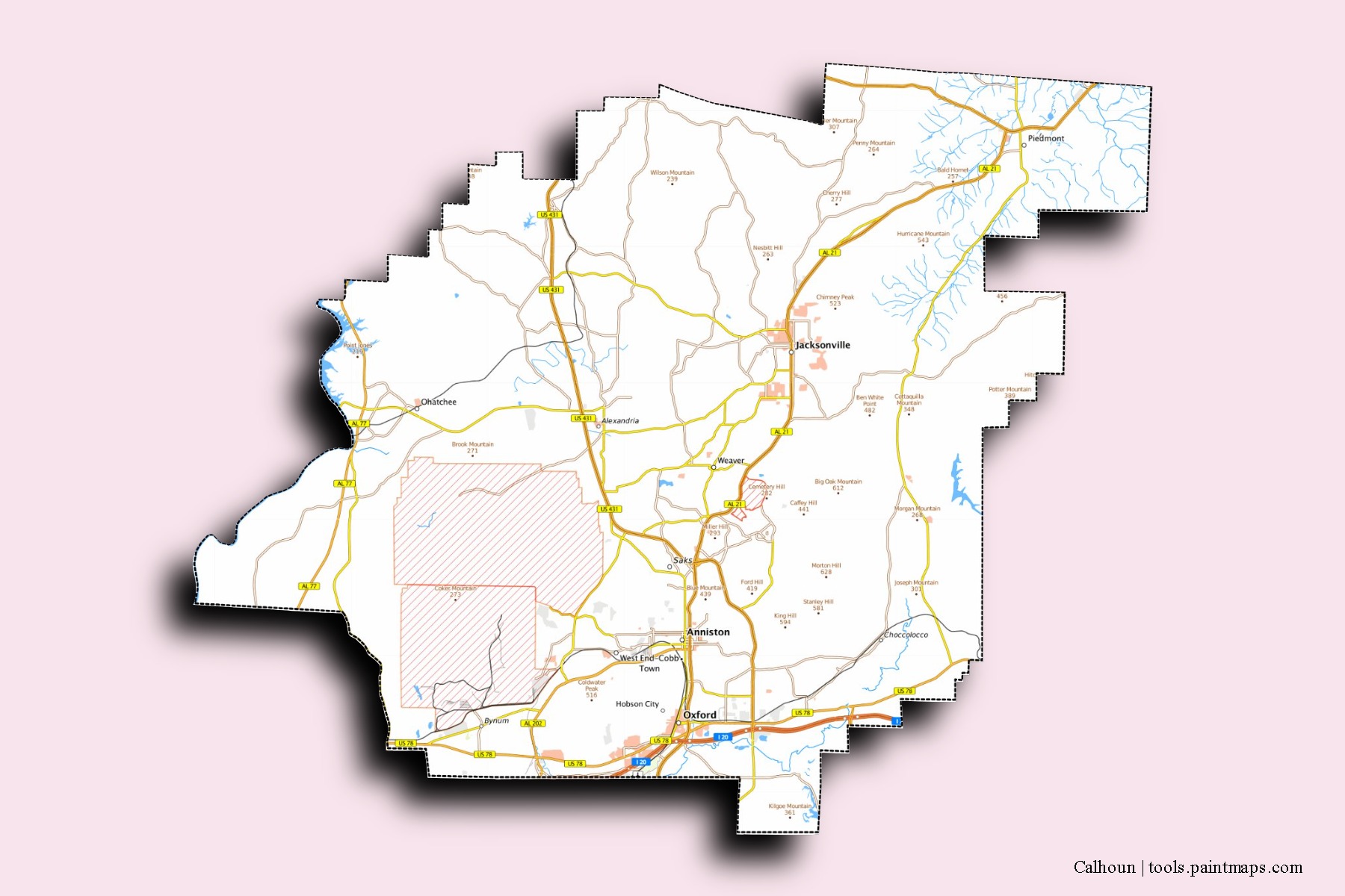 3D gölge efektli Calhoun County mahalleleri ve köyleri haritası