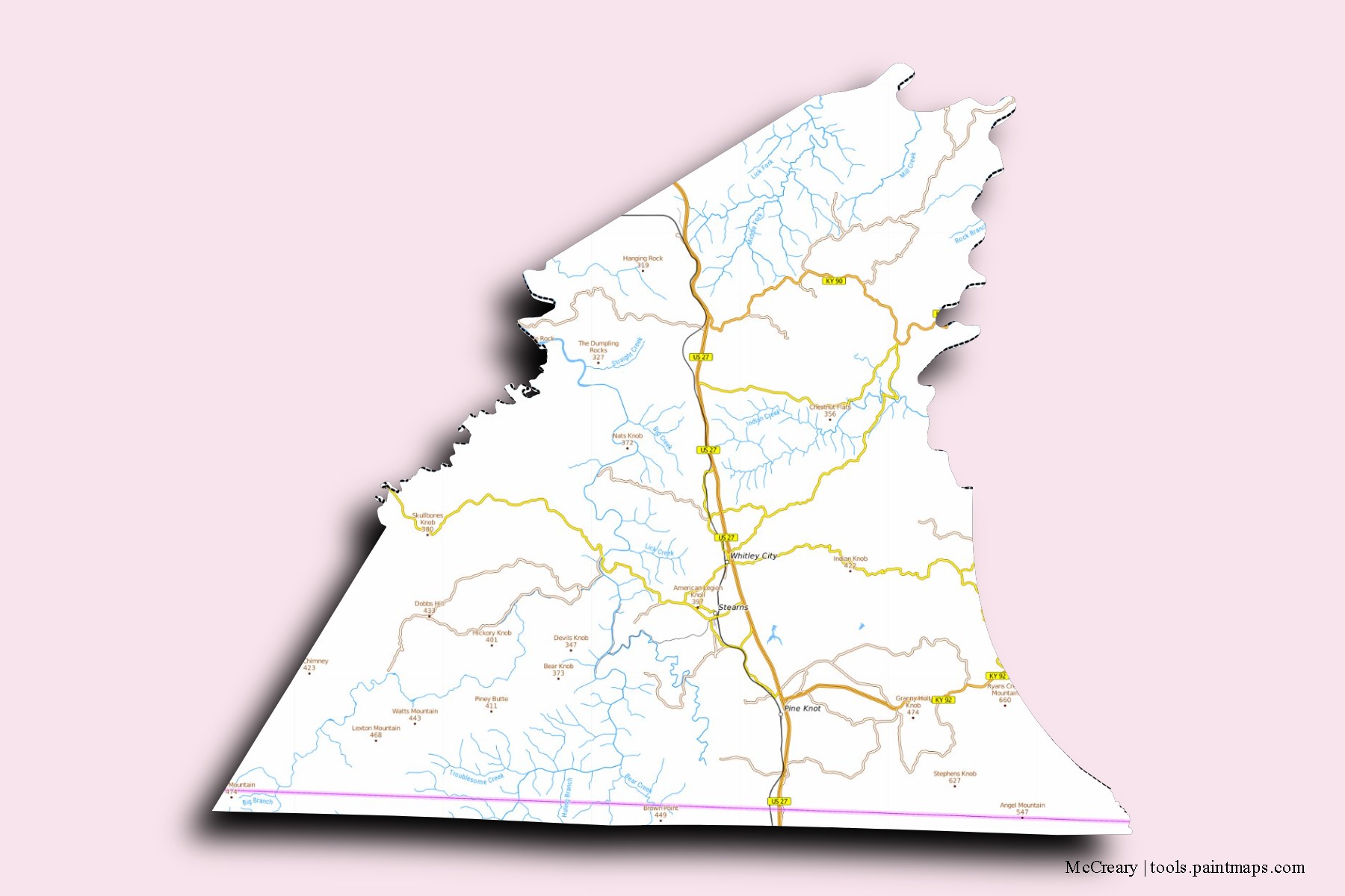 McCreary neighborhoods and villages map with 3D shadow effect