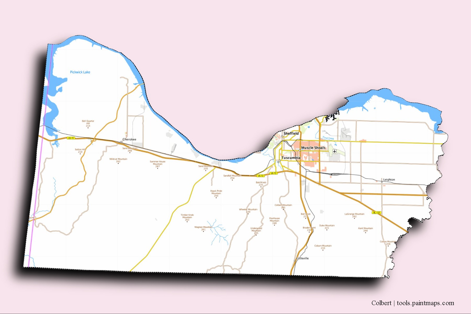 3D gölge efektli Colbert County mahalleleri ve köyleri haritası