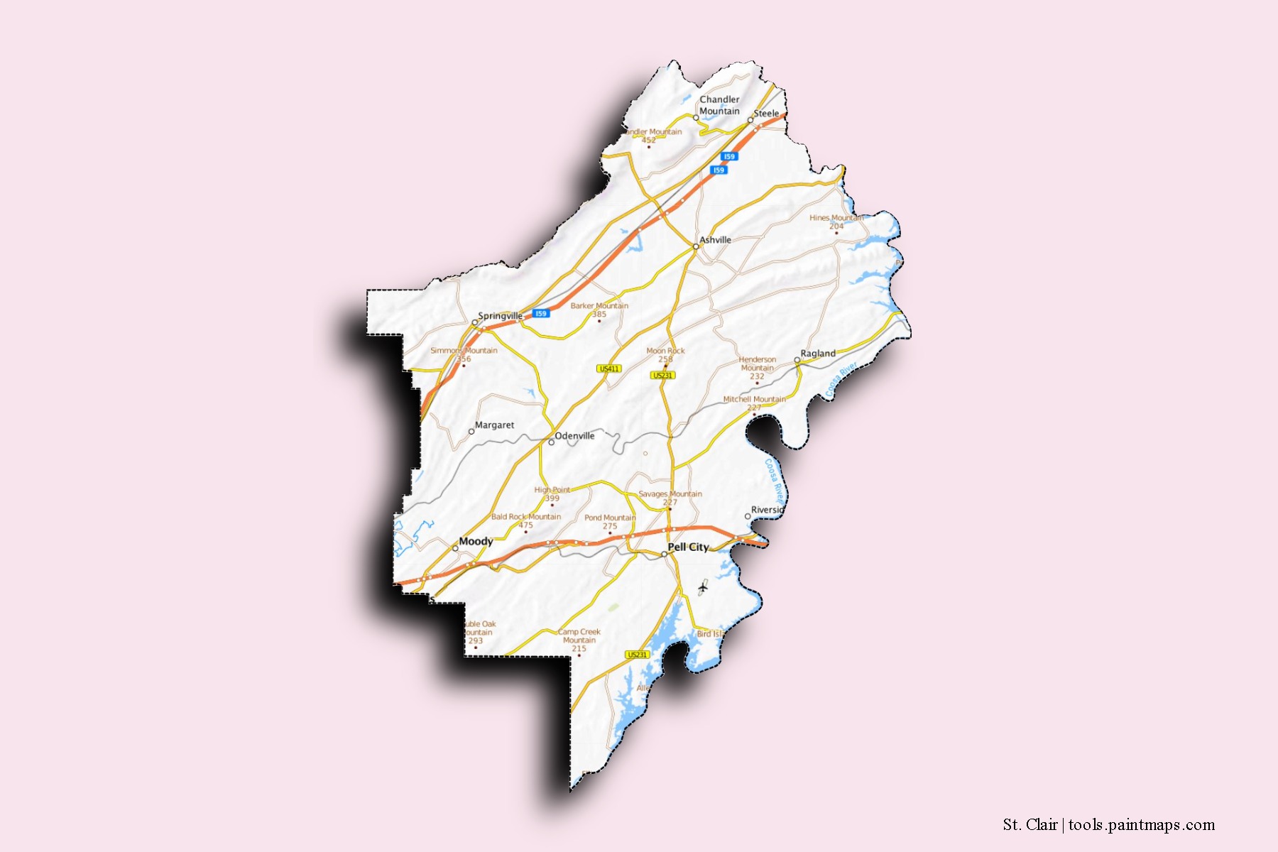 Mapa de barrios y pueblos de St. Clair con efecto de sombra 3D