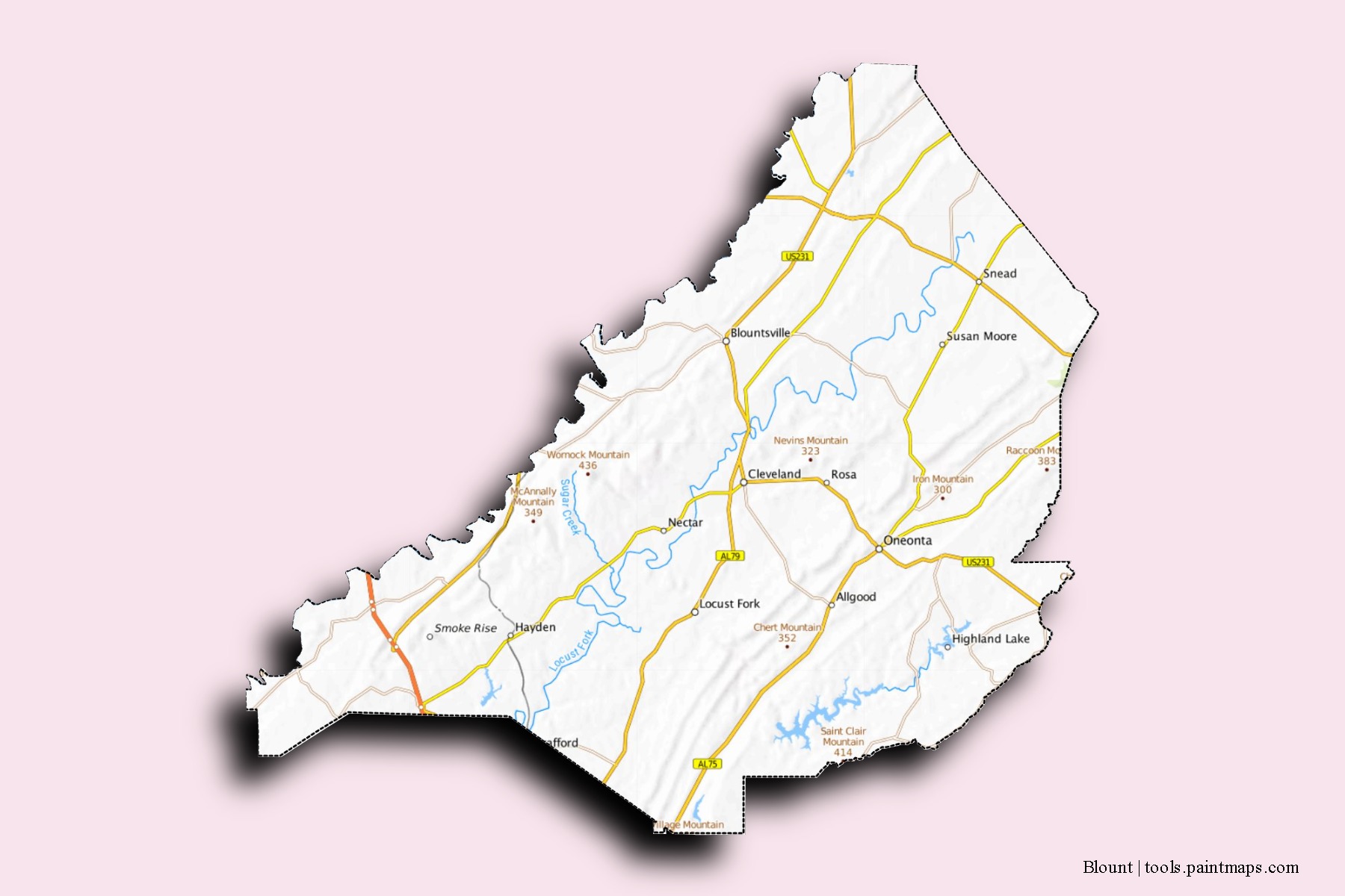 Blount neighborhoods and villages map with 3D shadow effect