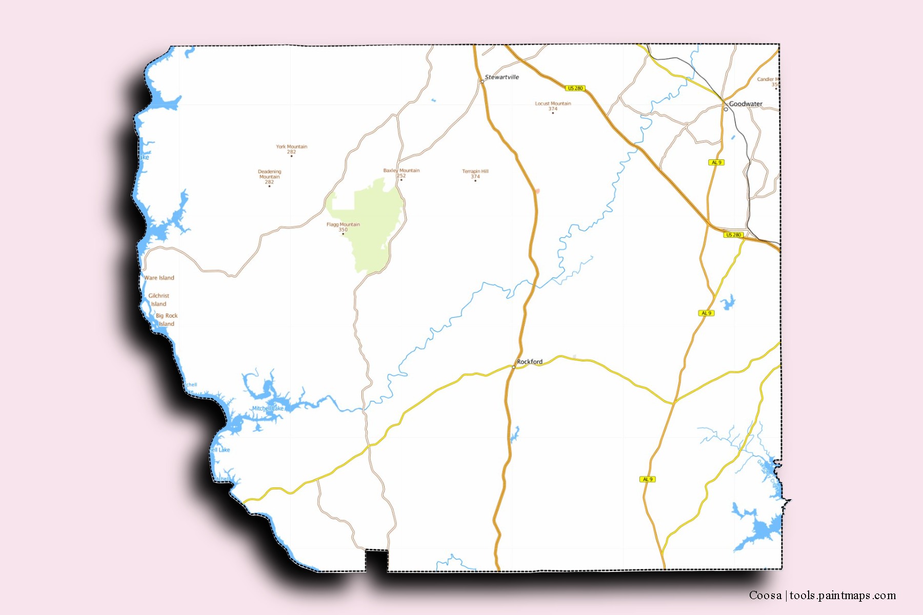 Mapa de barrios y pueblos de Coosa con efecto de sombra 3D