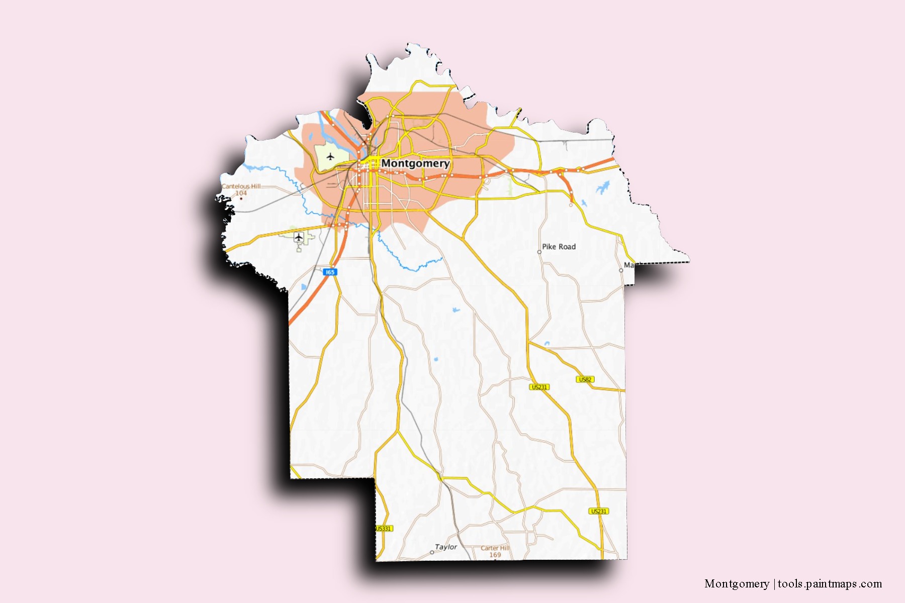 Mapa de barrios y pueblos de Montgomery con efecto de sombra 3D