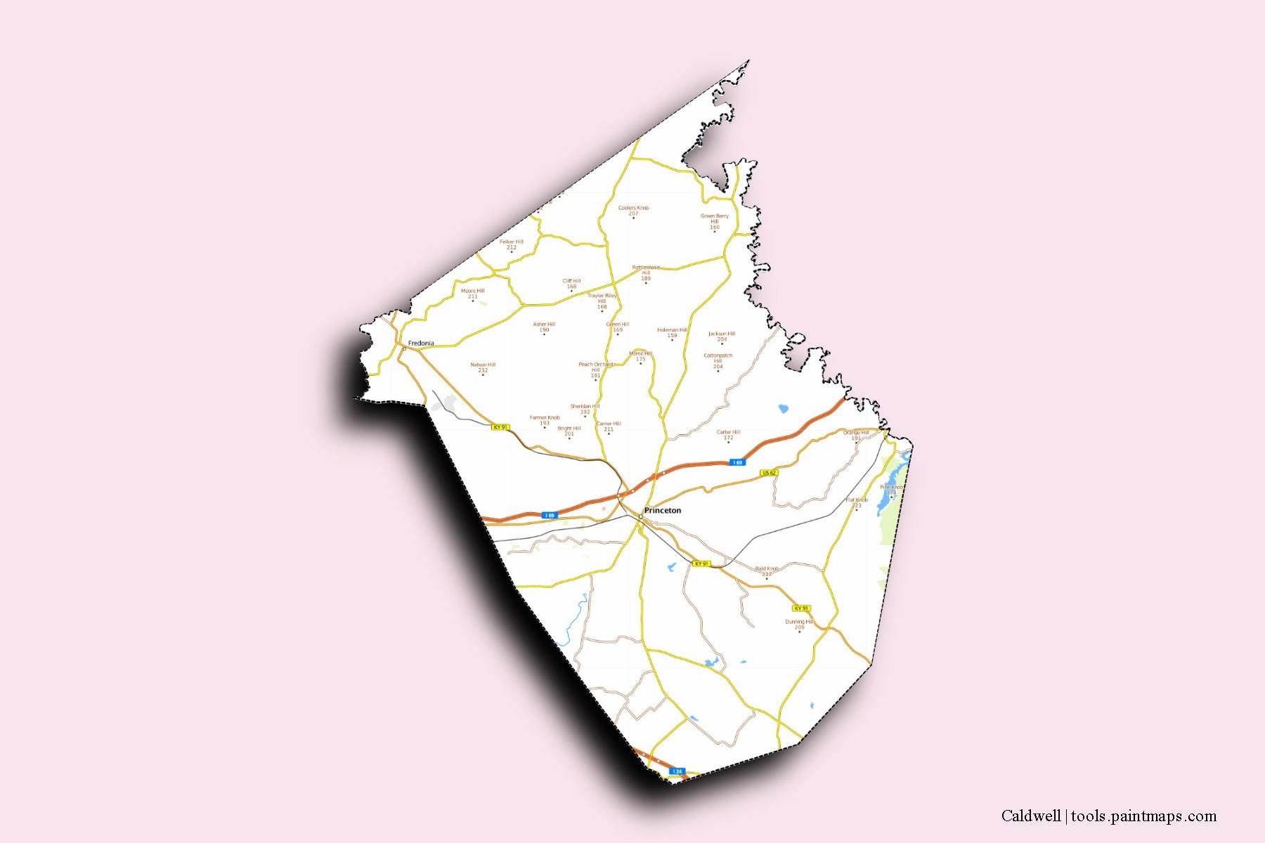 Caldwell neighborhoods and villages map with 3D shadow effect