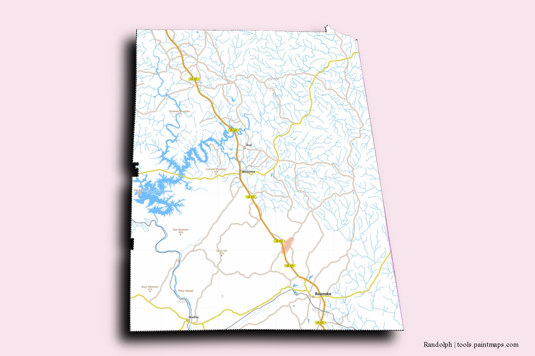 Randolph neighborhoods and villages map with 3D shadow effect