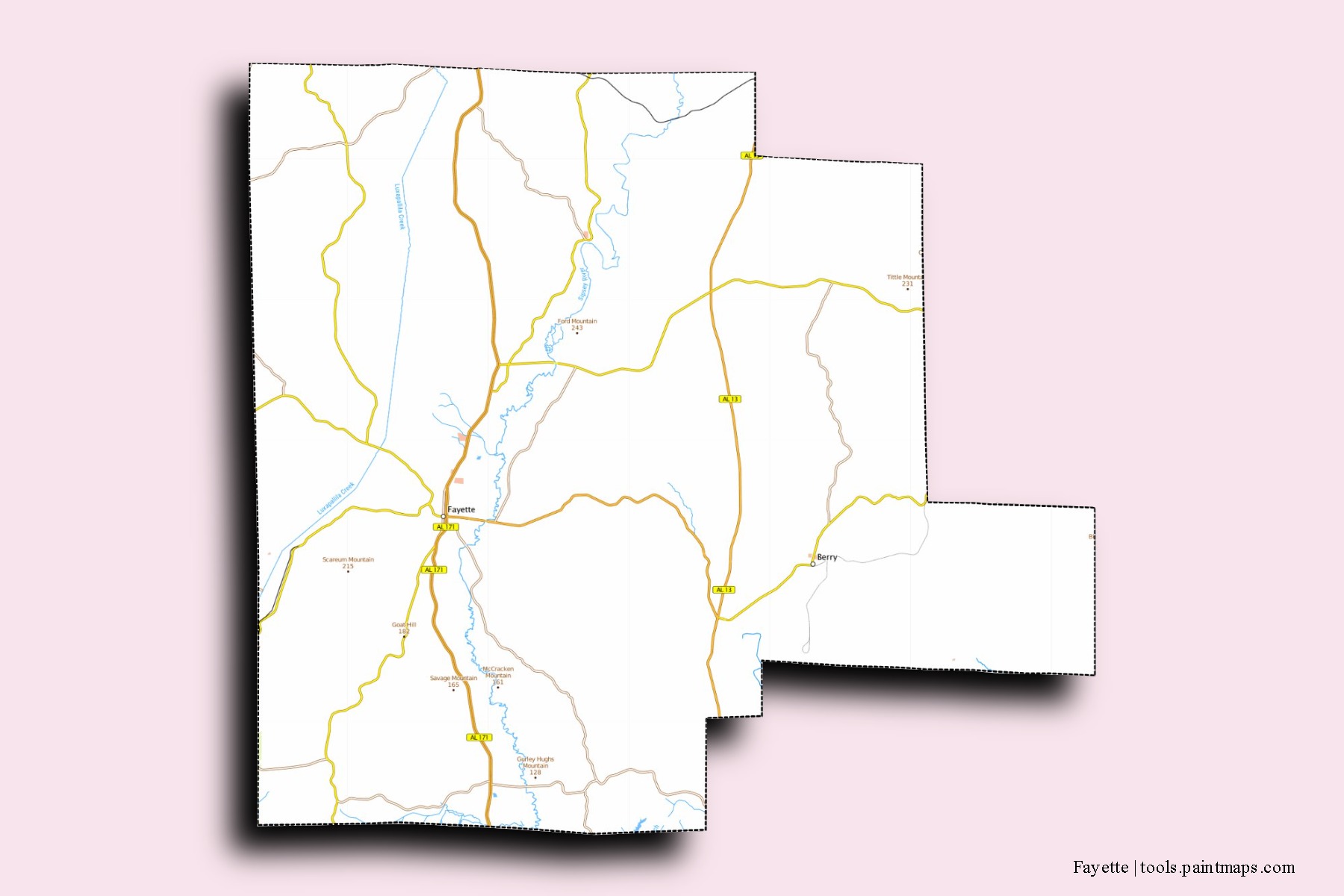 Fayette neighborhoods and villages map with 3D shadow effect