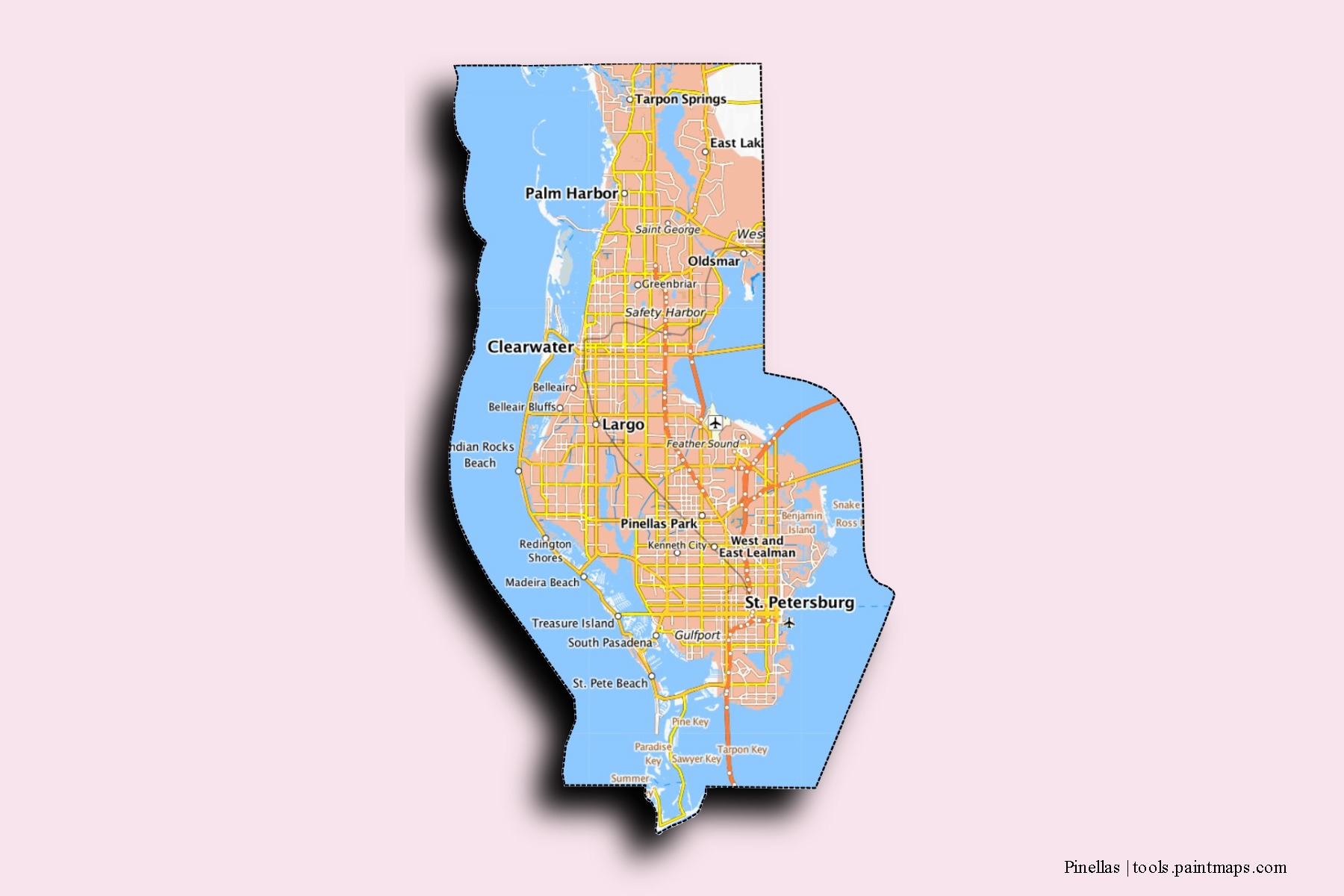 3D gölge efektli Pinellas County mahalleleri ve köyleri haritası