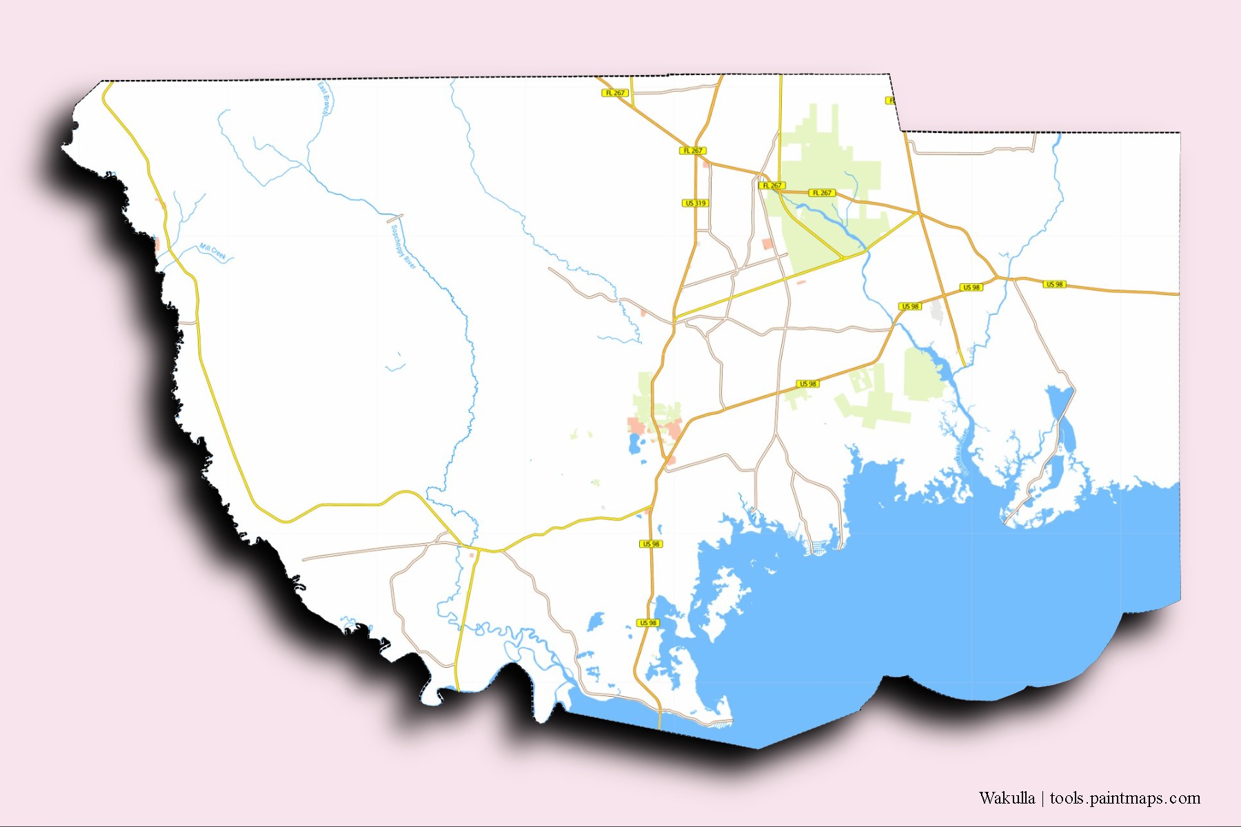 Wakulla neighborhoods and villages map with 3D shadow effect