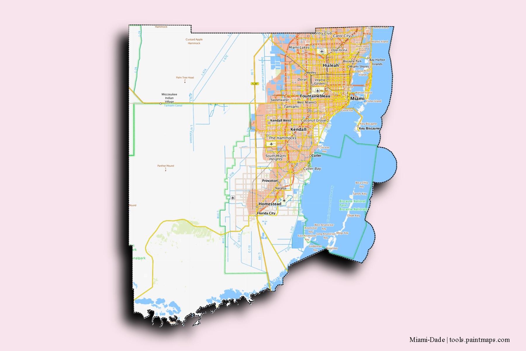 3D gölge efektli Miami-Dade County mahalleleri ve köyleri haritası