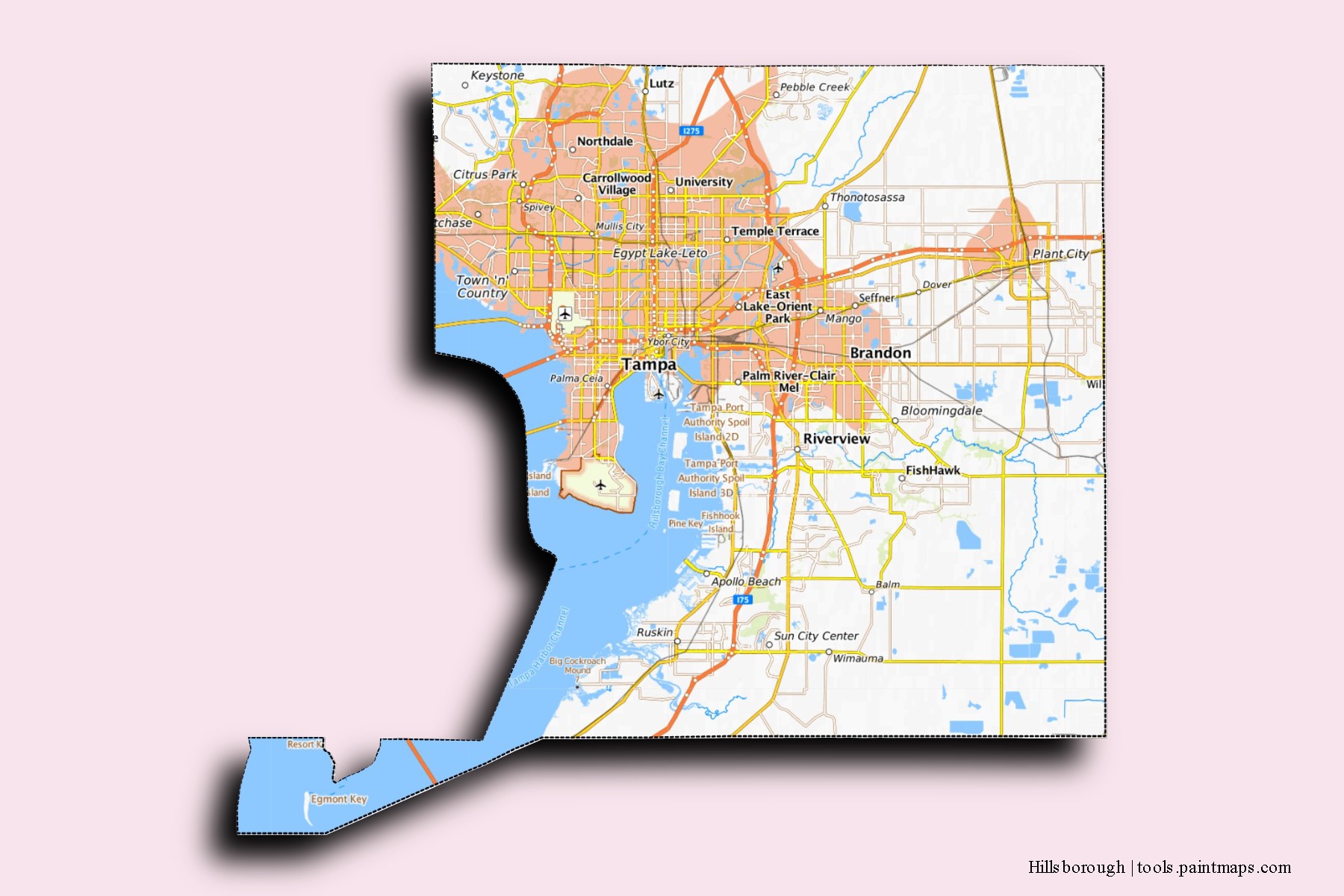 Hillsborough neighborhoods and villages map with 3D shadow effect