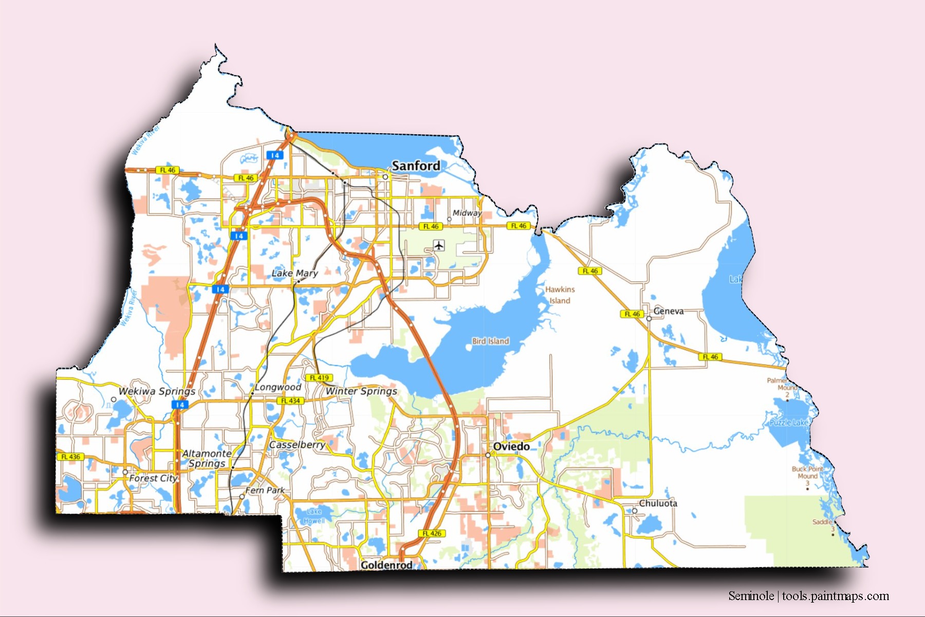 Seminole neighborhoods and villages map with 3D shadow effect