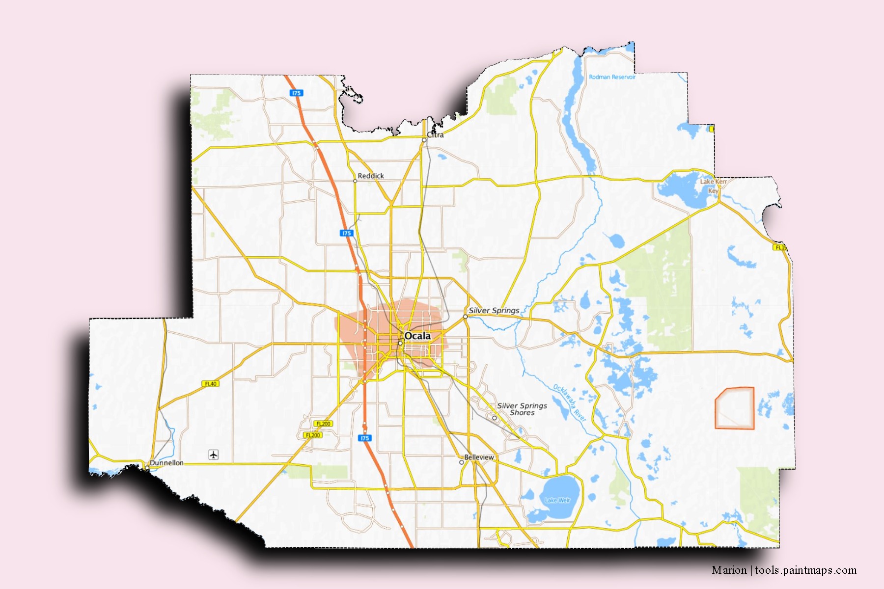 Marion neighborhoods and villages map with 3D shadow effect