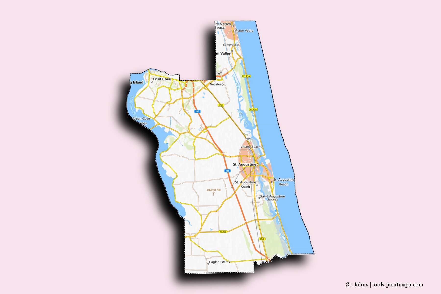 Mapa de barrios y pueblos de St. Johns con efecto de sombra 3D