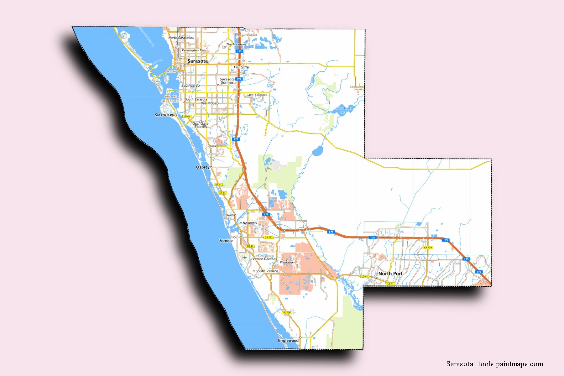 Sarasota neighborhoods and villages map with 3D shadow effect