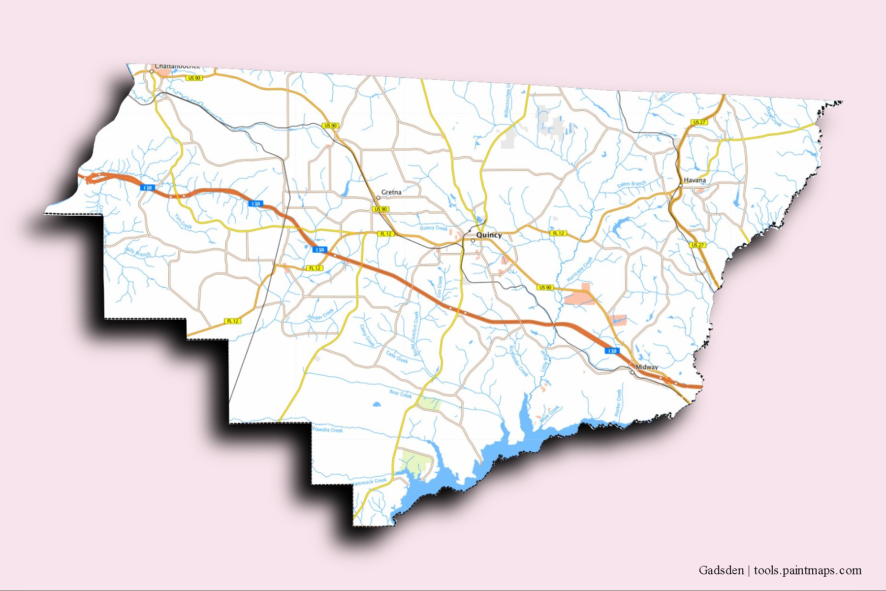 Mapa de barrios y pueblos de Gadsden con efecto de sombra 3D