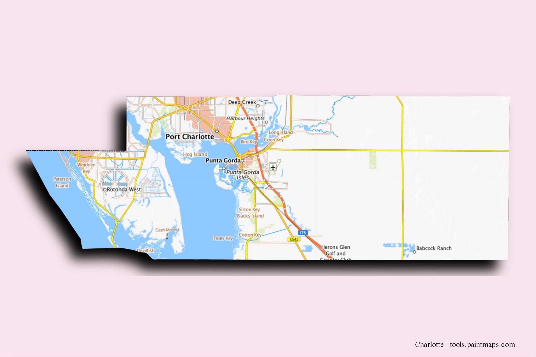 Mapa de barrios y pueblos de Charlotte con efecto de sombra 3D