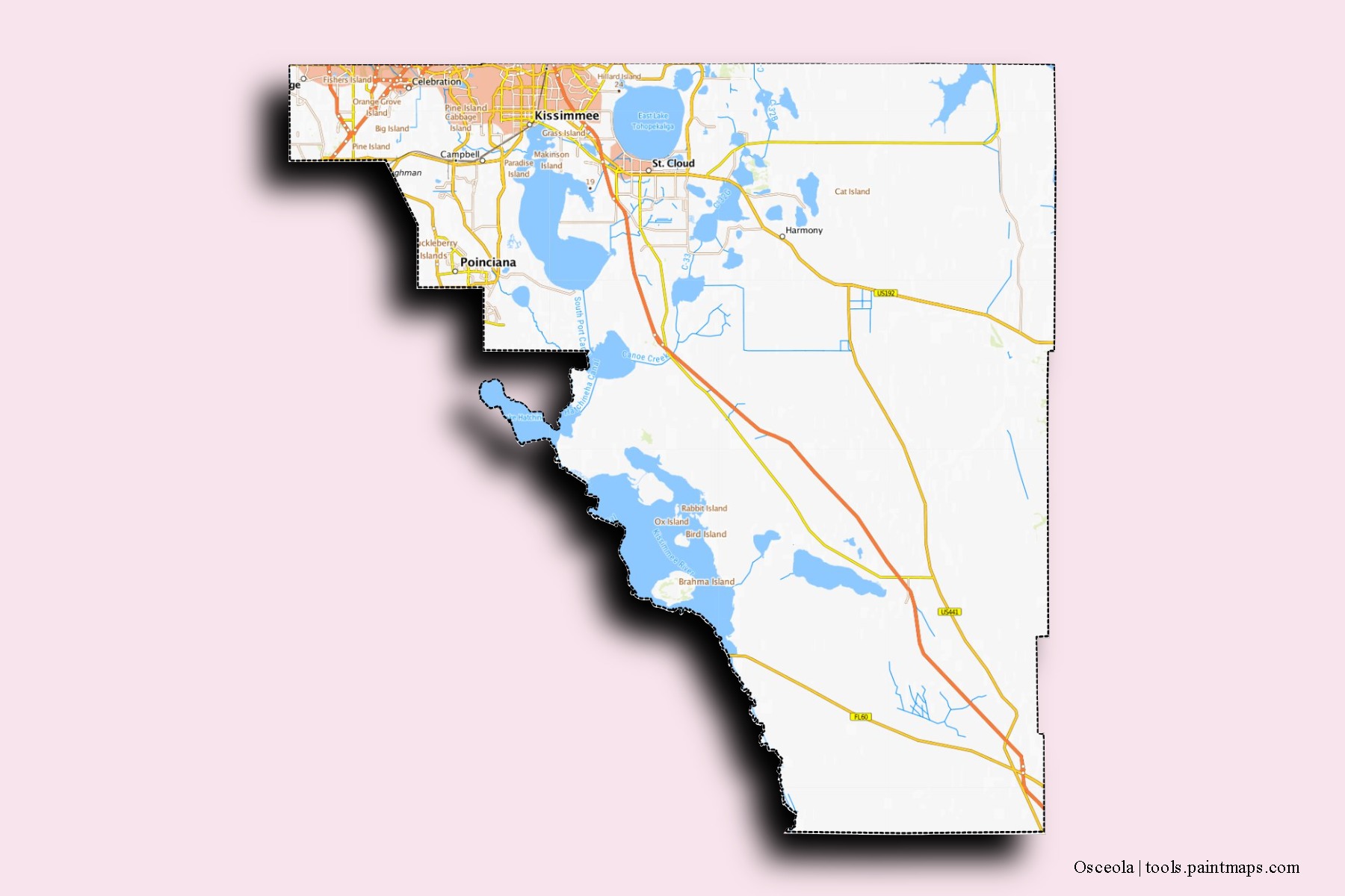 Osceola neighborhoods and villages map with 3D shadow effect