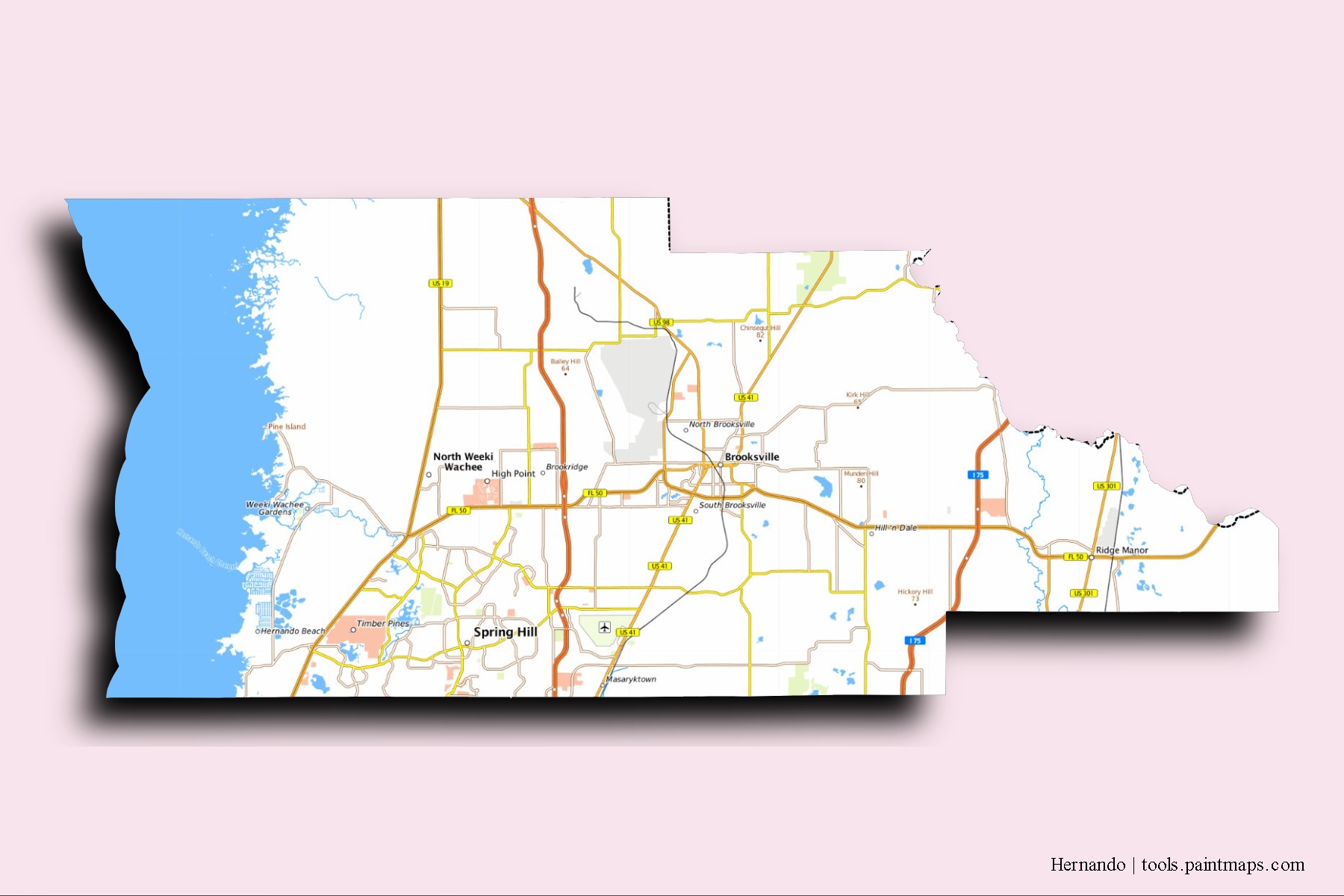 Hernando neighborhoods and villages map with 3D shadow effect