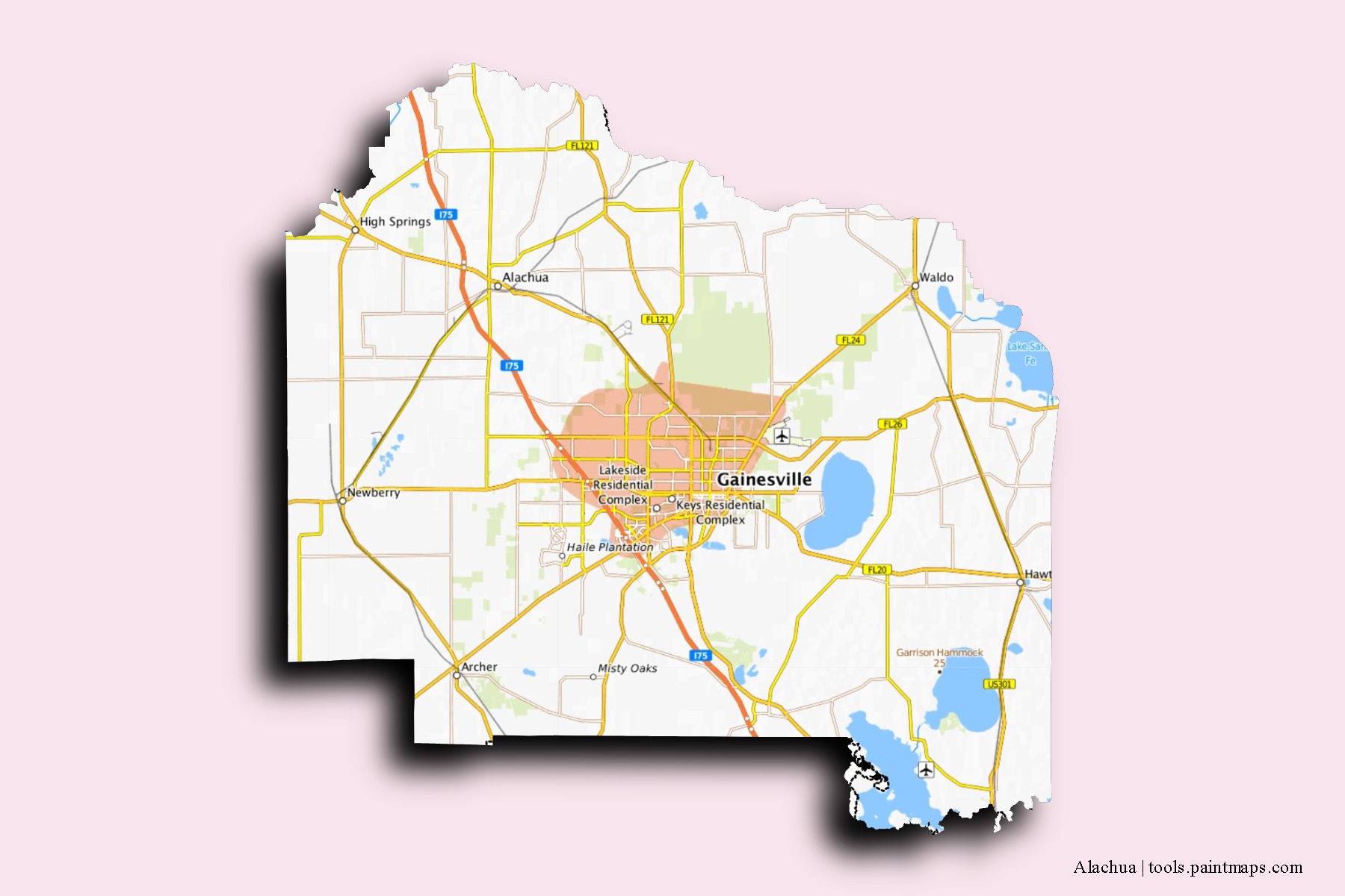 Mapa de barrios y pueblos de Alachua con efecto de sombra 3D