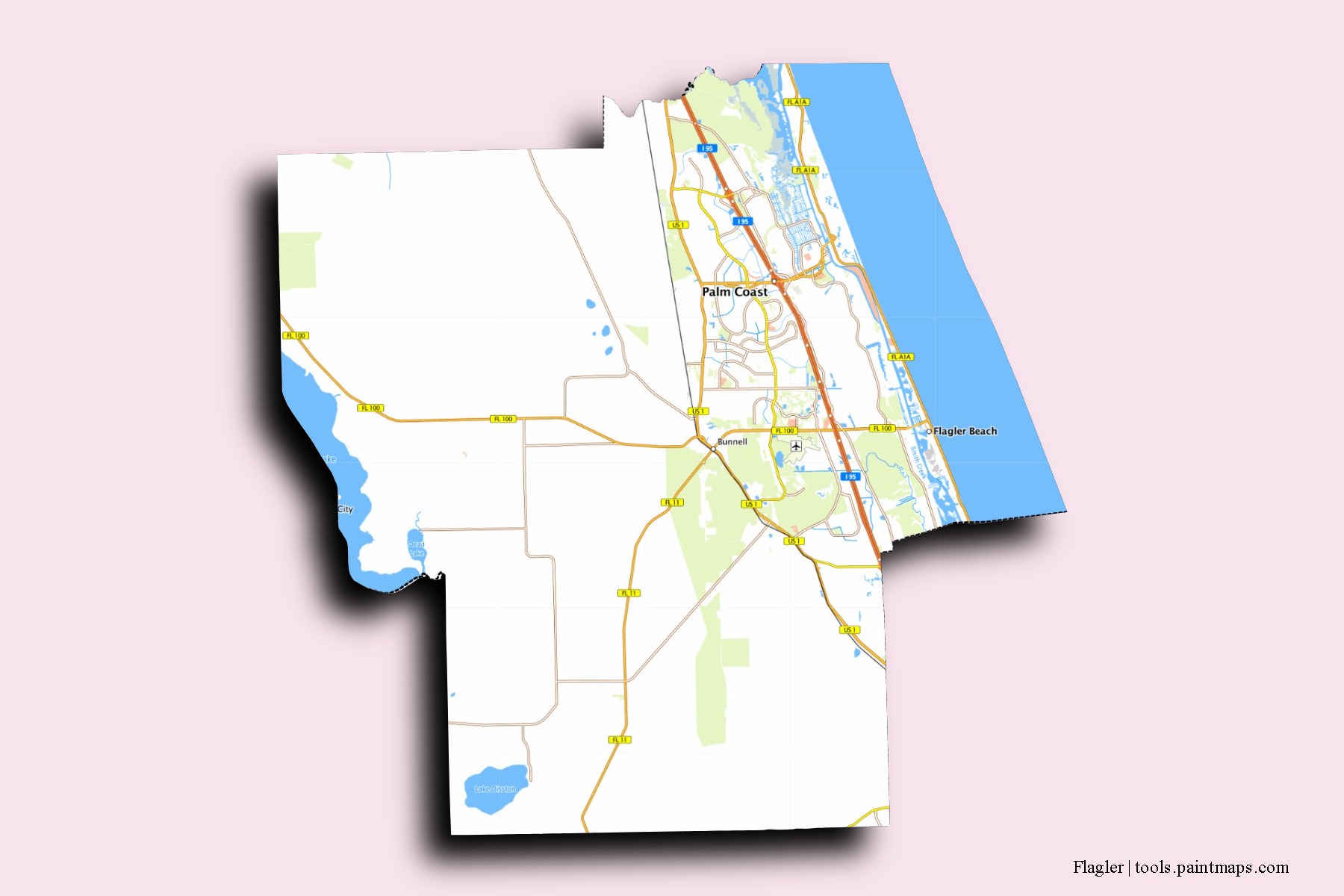 Mapa de barrios y pueblos de Flagler con efecto de sombra 3D