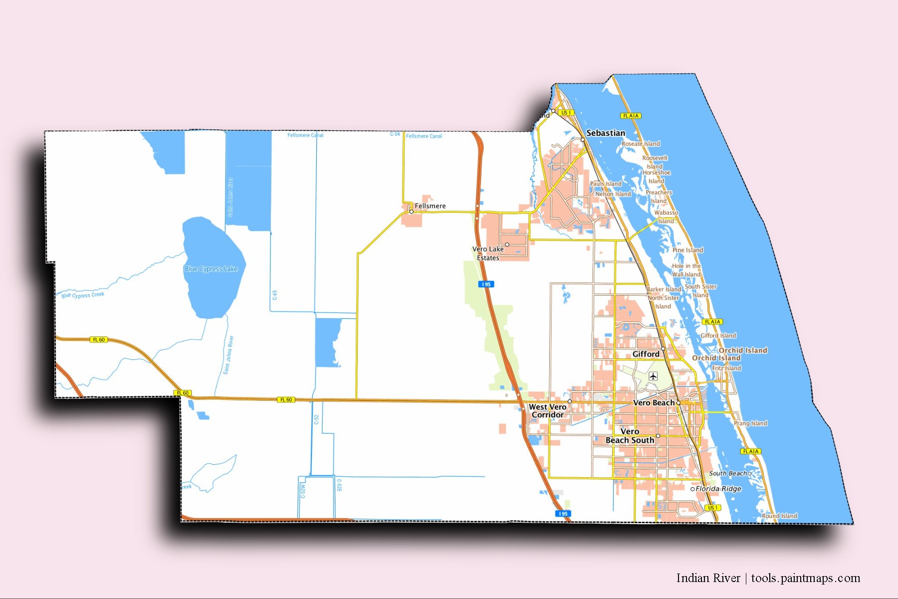 Indian River neighborhoods and villages map with 3D shadow effect