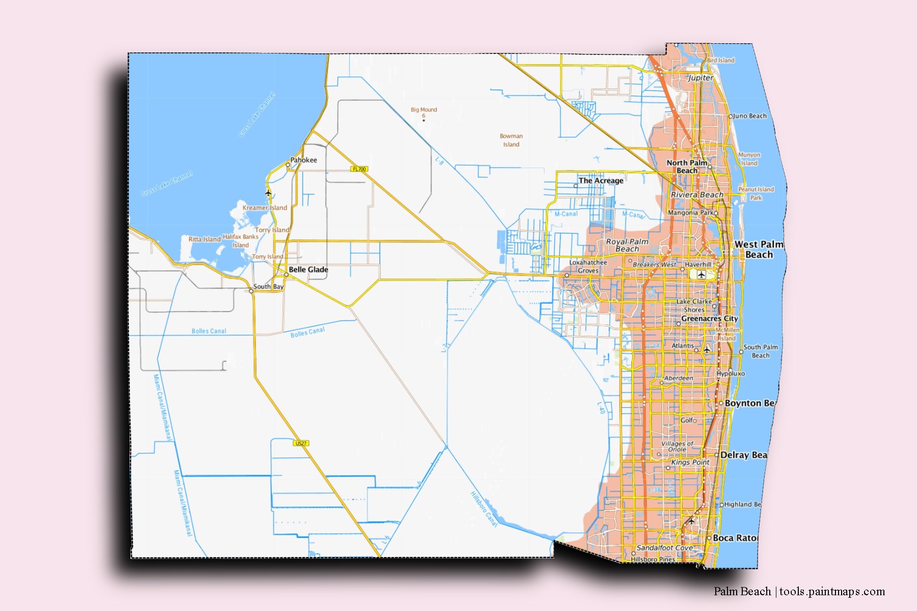 Palm Beach neighborhoods and villages map with 3D shadow effect