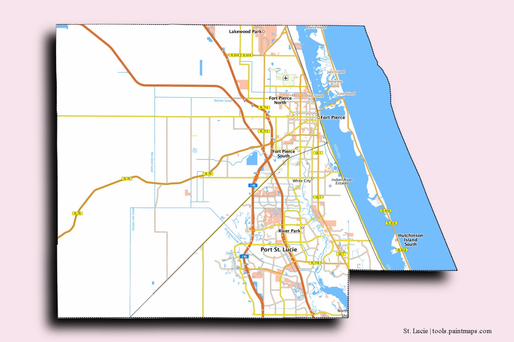 3D gölge efektli St. Lucie County mahalleleri ve köyleri haritası