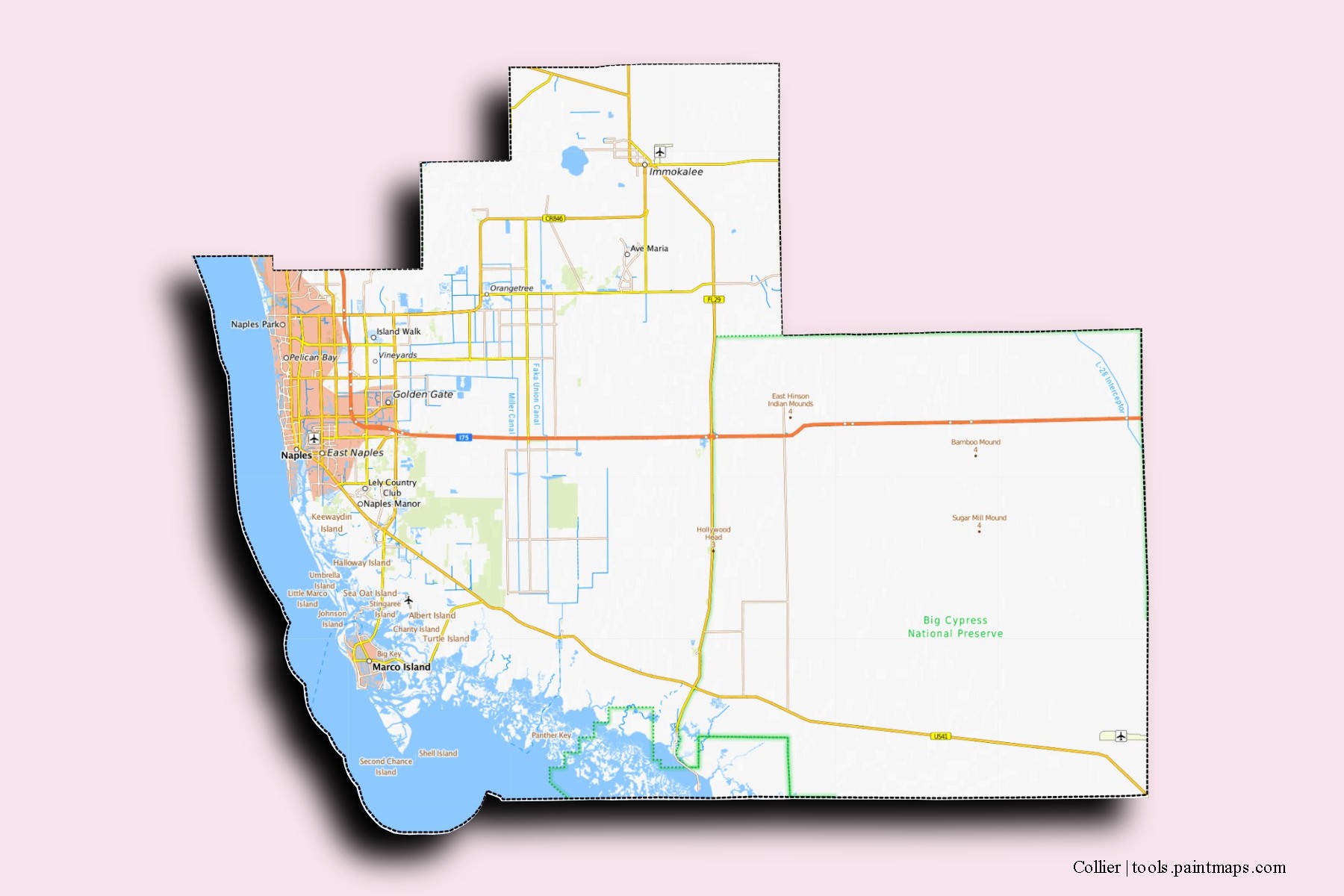 Collier neighborhoods and villages map with 3D shadow effect