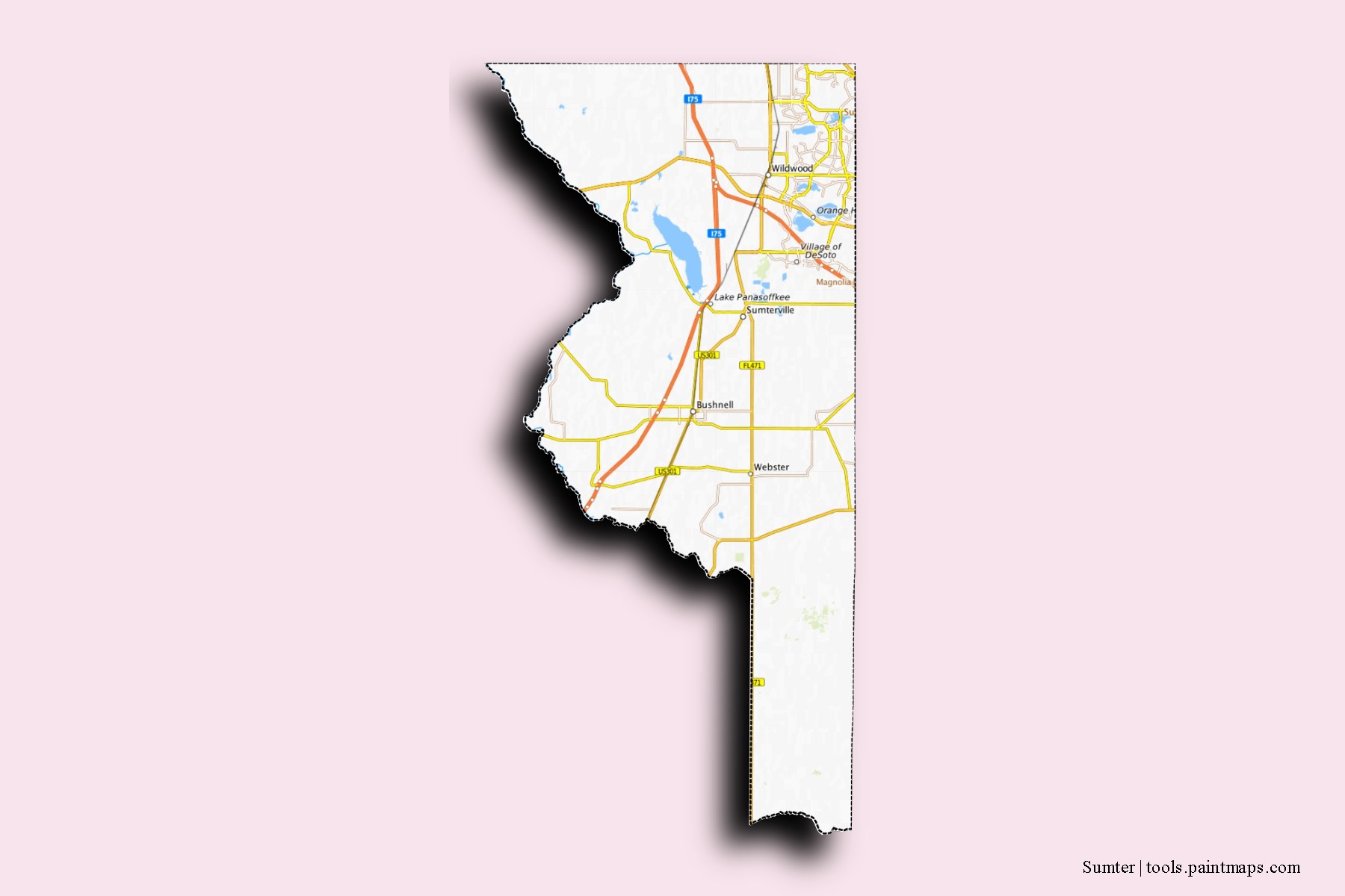 Mapa de barrios y pueblos de Sumter con efecto de sombra 3D