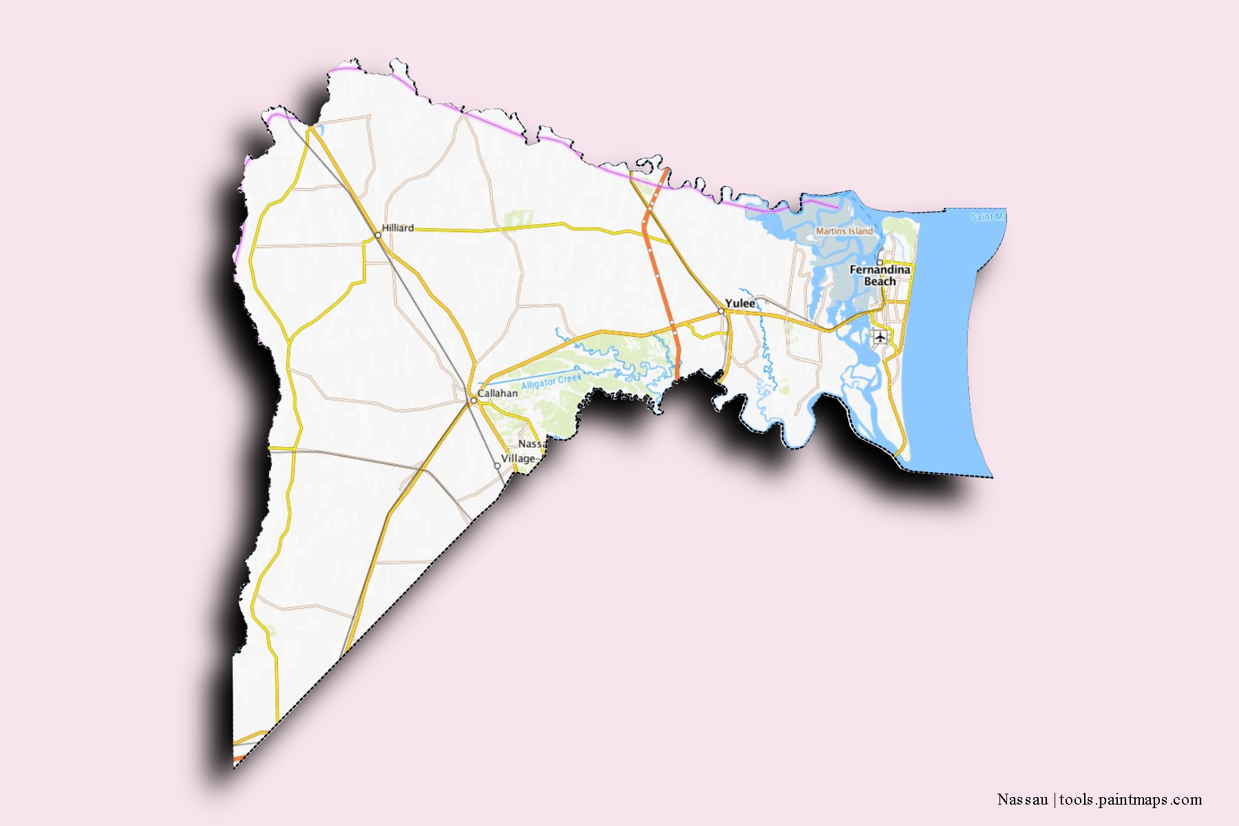 Mapa de barrios y pueblos de Nassau con efecto de sombra 3D