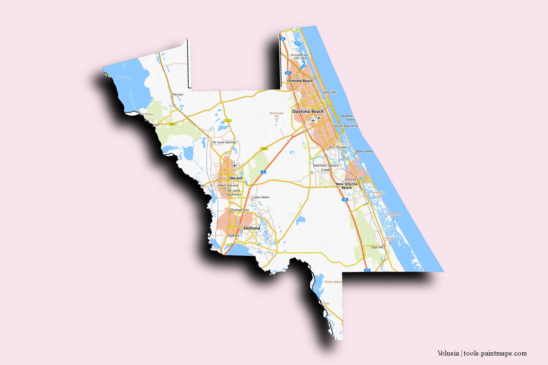 Volusia neighborhoods and villages map with 3D shadow effect