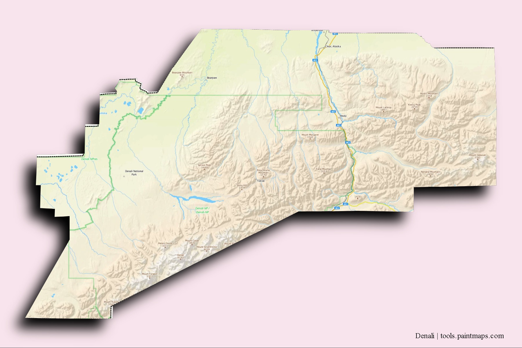 3D gölge efektli Denali mahalleleri ve köyleri haritası