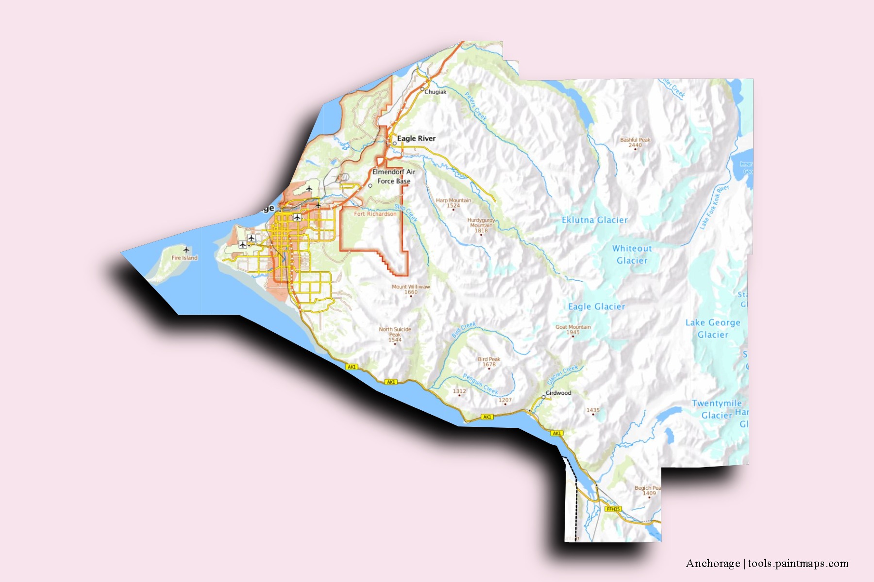 Anchorage neighborhoods and villages map with 3D shadow effect