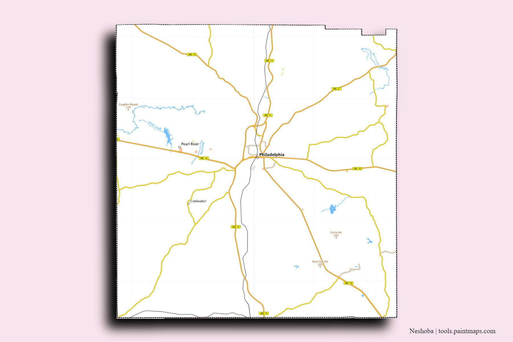 Neshoba neighborhoods and villages map with 3D shadow effect