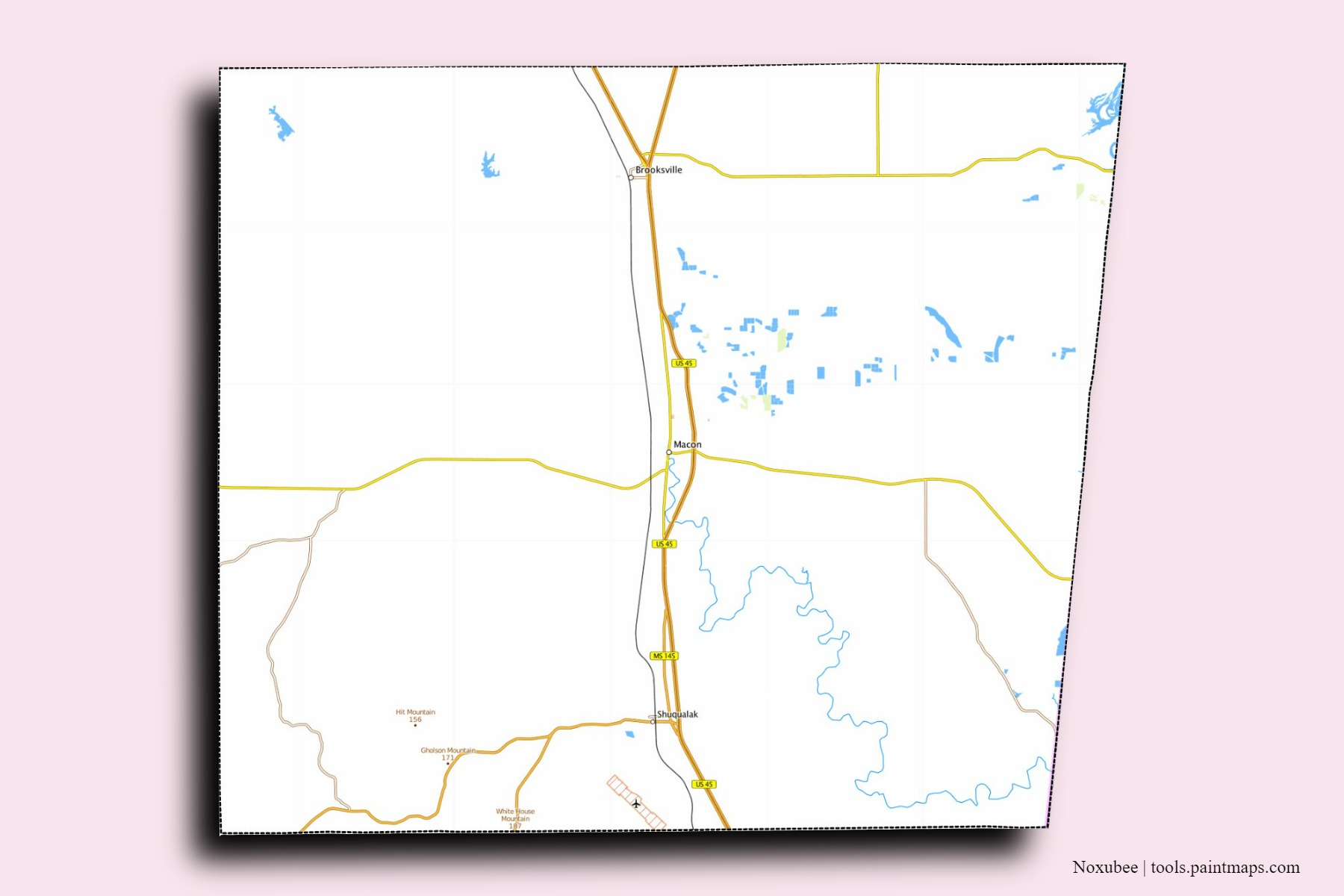 Noxubee neighborhoods and villages map with 3D shadow effect