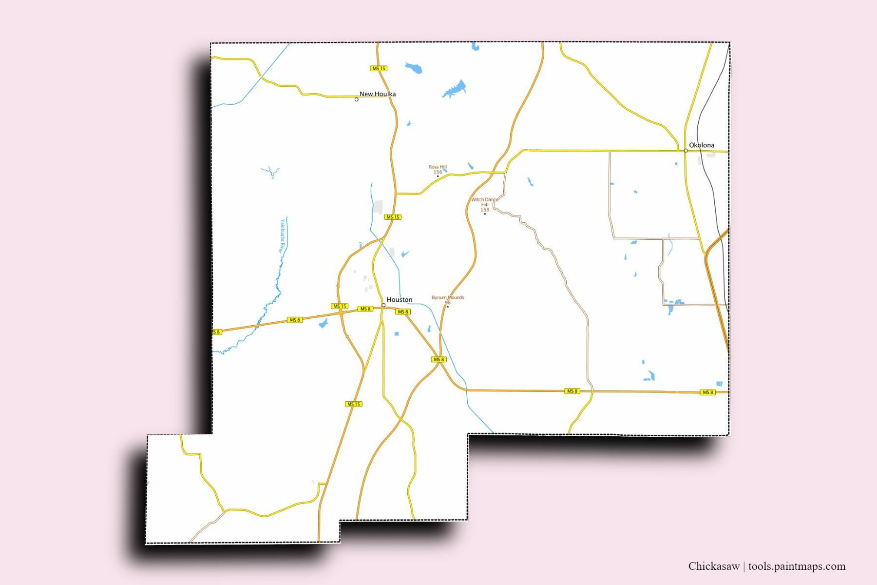 Mapa de barrios y pueblos de Chickasaw con efecto de sombra 3D