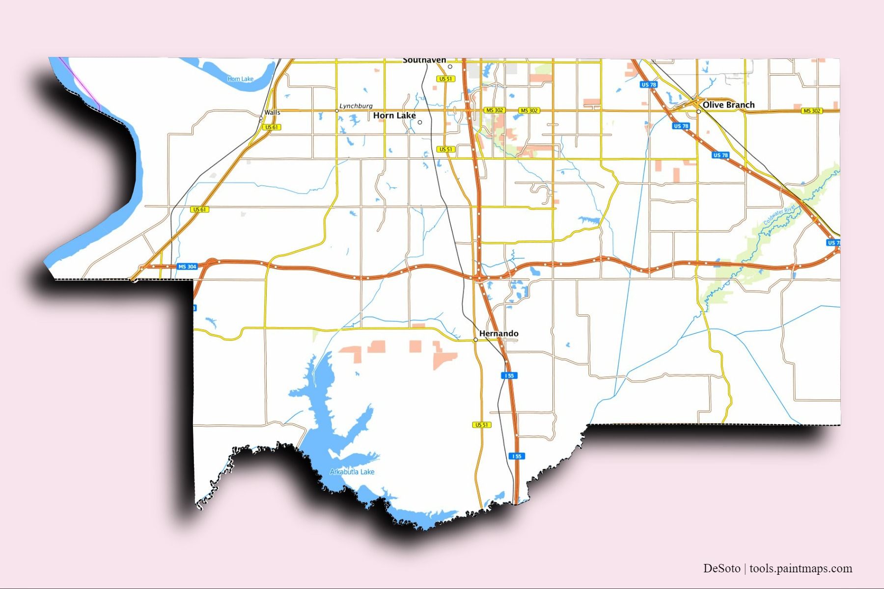 Mapa de barrios y pueblos de DeSoto con efecto de sombra 3D