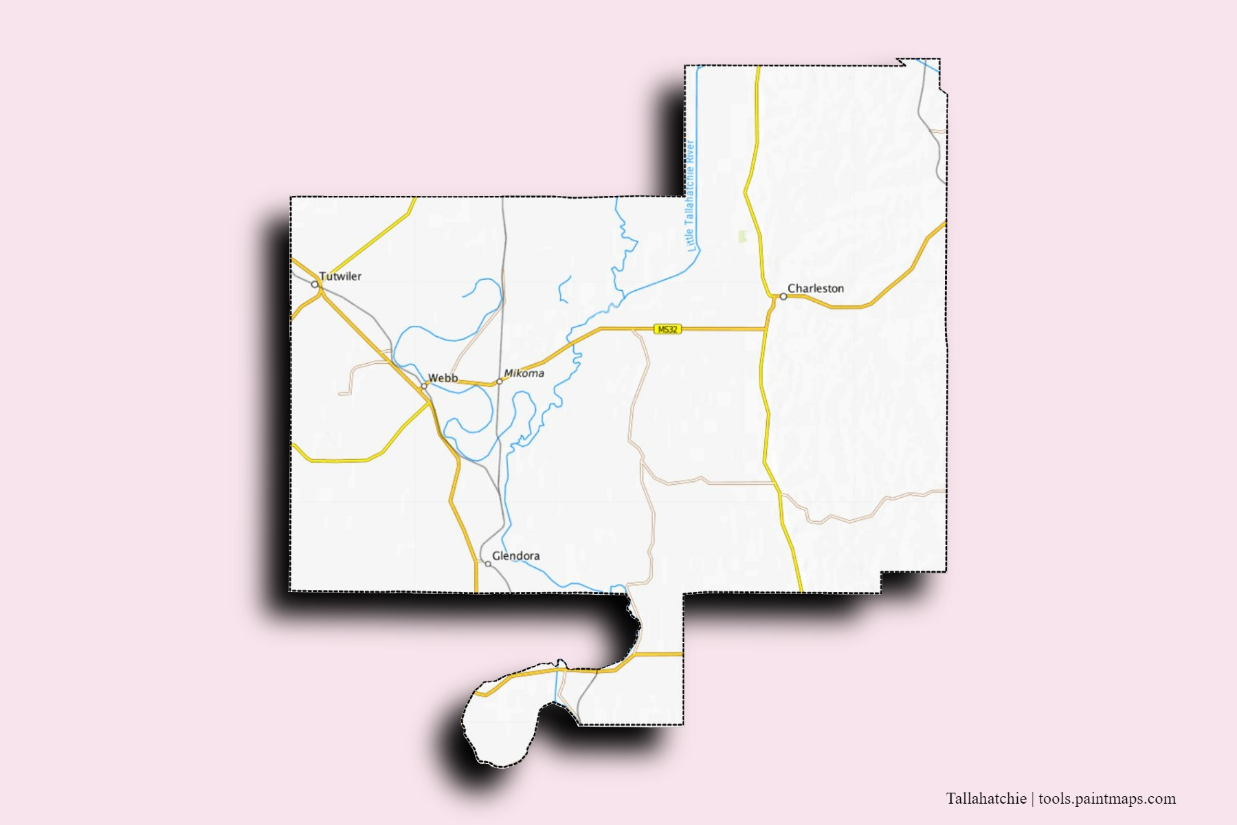 Tallahatchie neighborhoods and villages map with 3D shadow effect