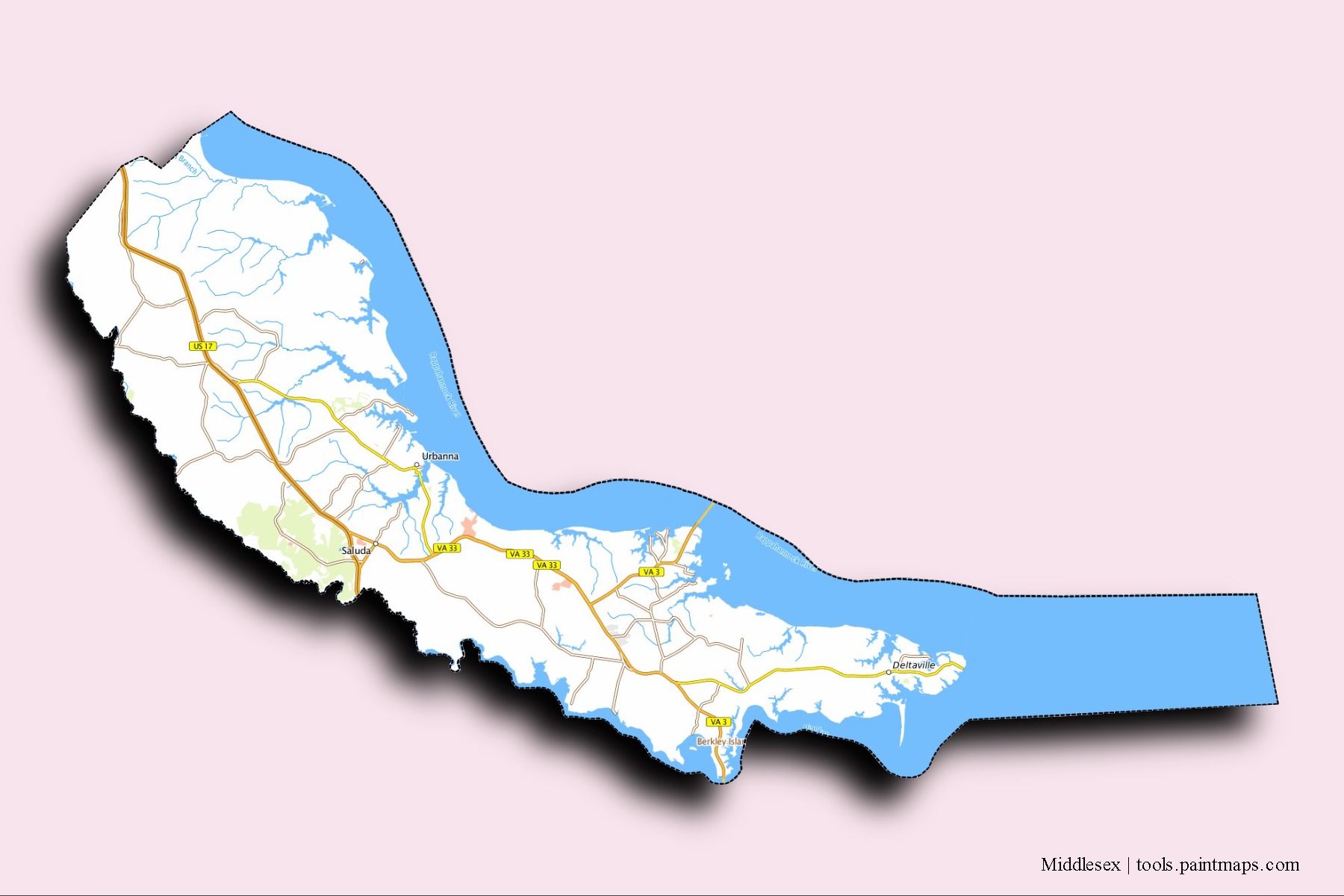 Mapa de barrios y pueblos de Middlesex con efecto de sombra 3D