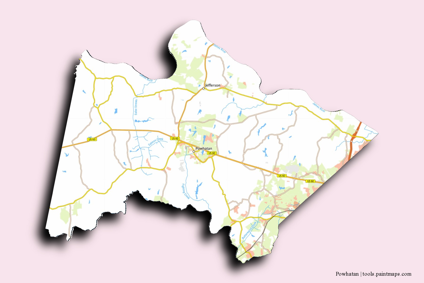 Mapa de barrios y pueblos de Powhatan con efecto de sombra 3D