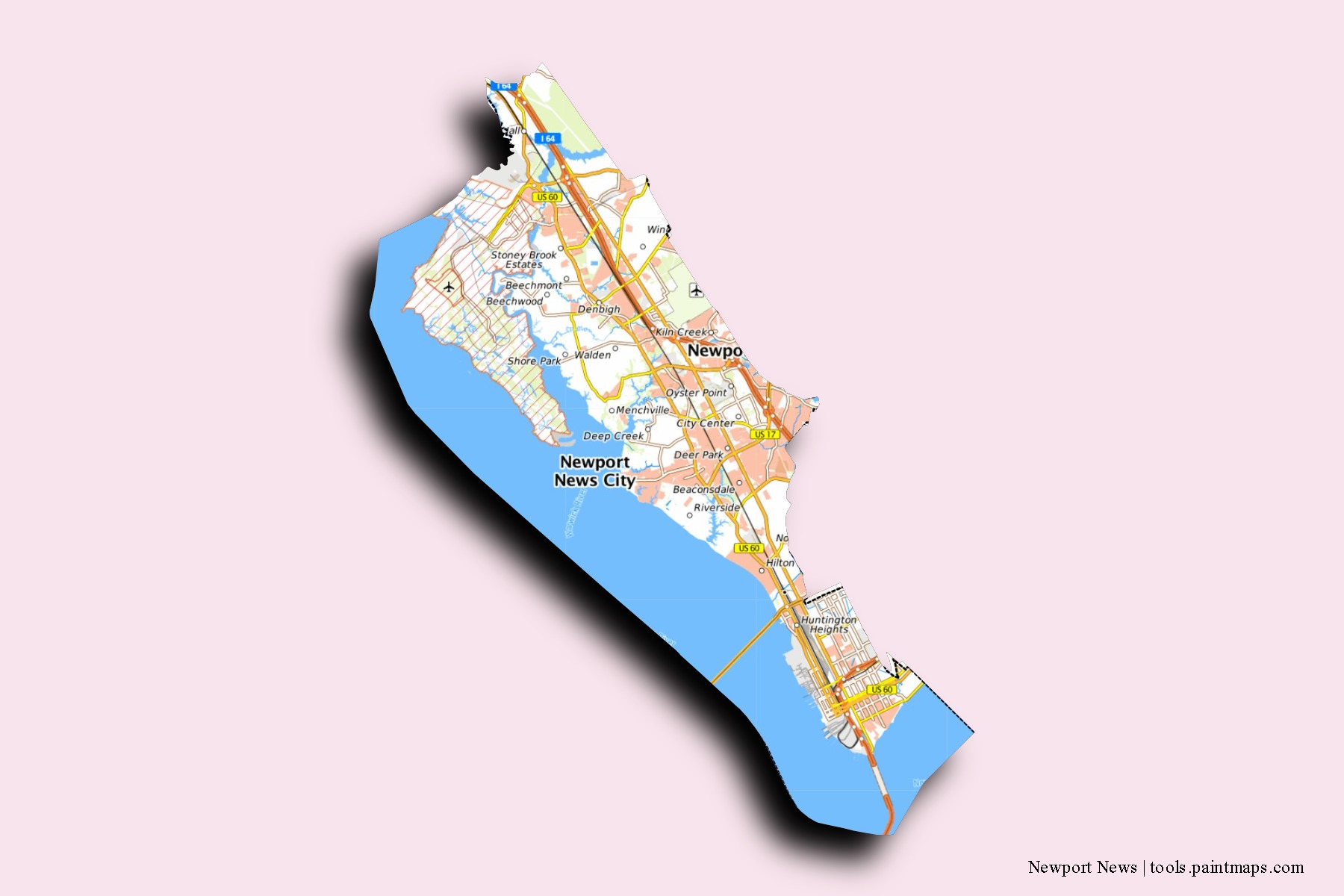 Newport News neighborhoods and villages map with 3D shadow effect