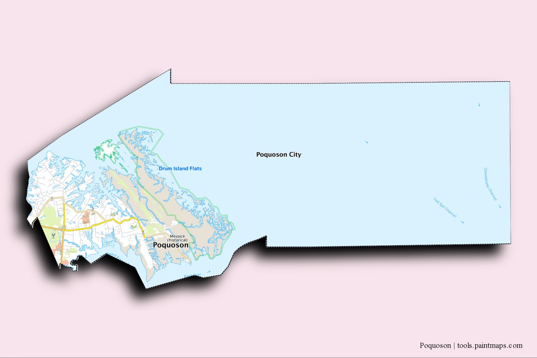 Poquoson neighborhoods and villages map with 3D shadow effect