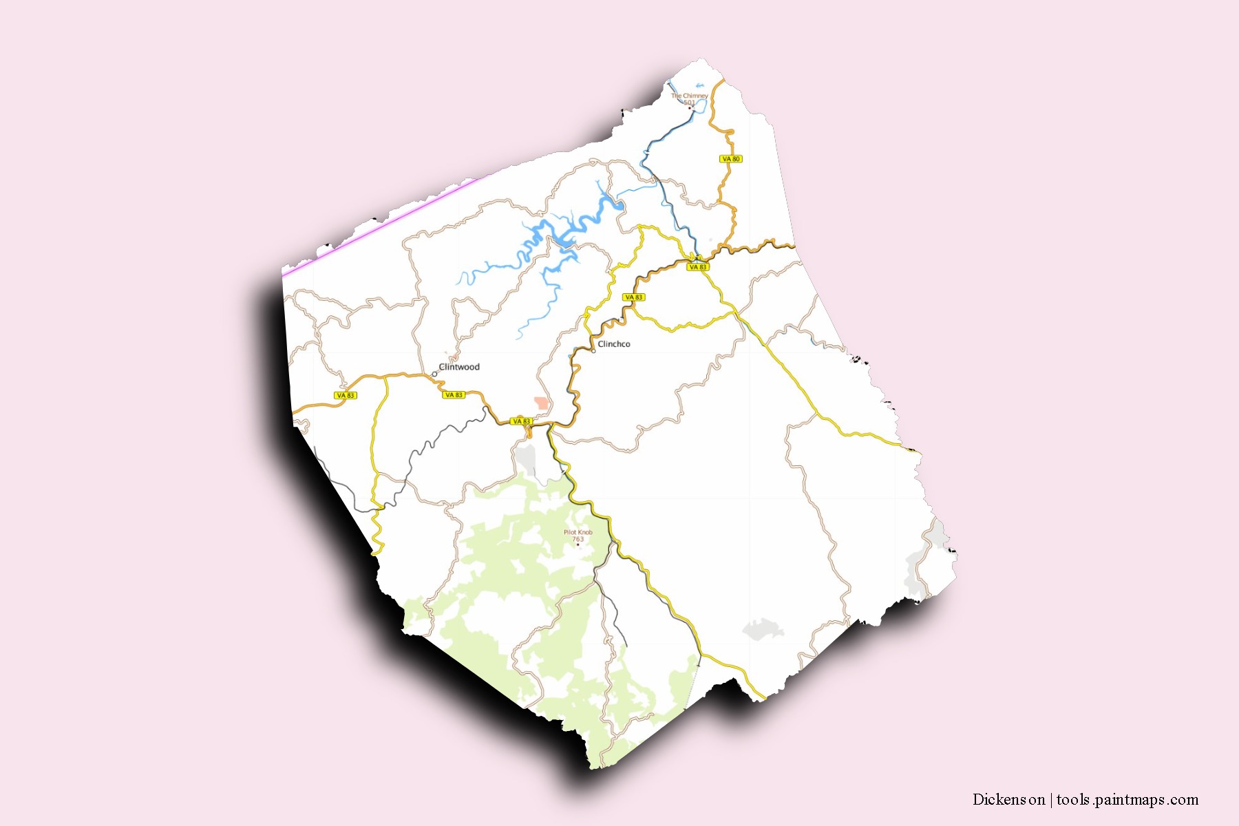 Dickenson neighborhoods and villages map with 3D shadow effect