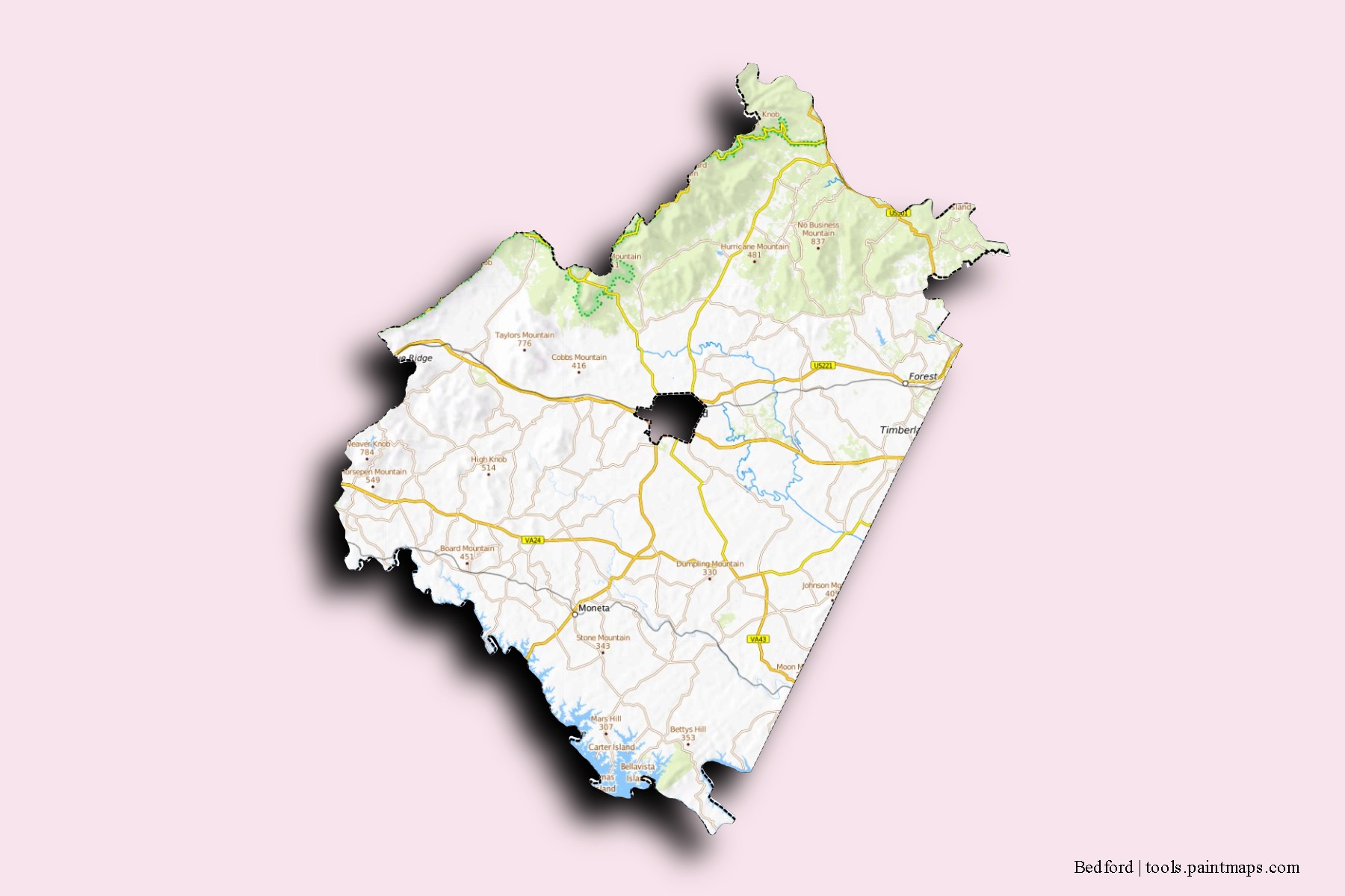 Mapa de barrios y pueblos de Bedford con efecto de sombra 3D