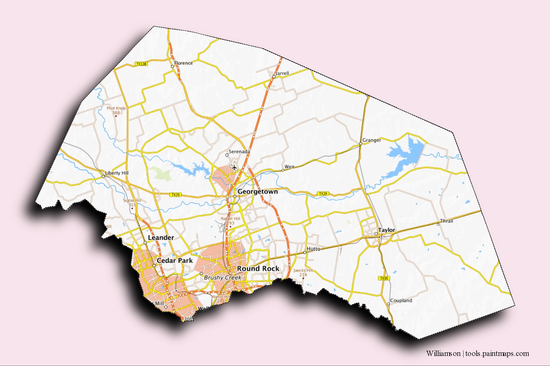 Mapa de barrios y pueblos de Williamson con efecto de sombra 3D