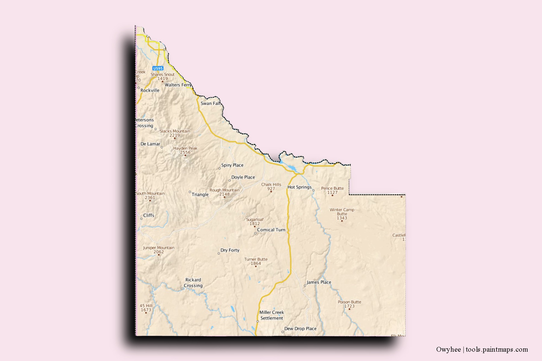 Owyhee neighborhoods and villages map with 3D shadow effect